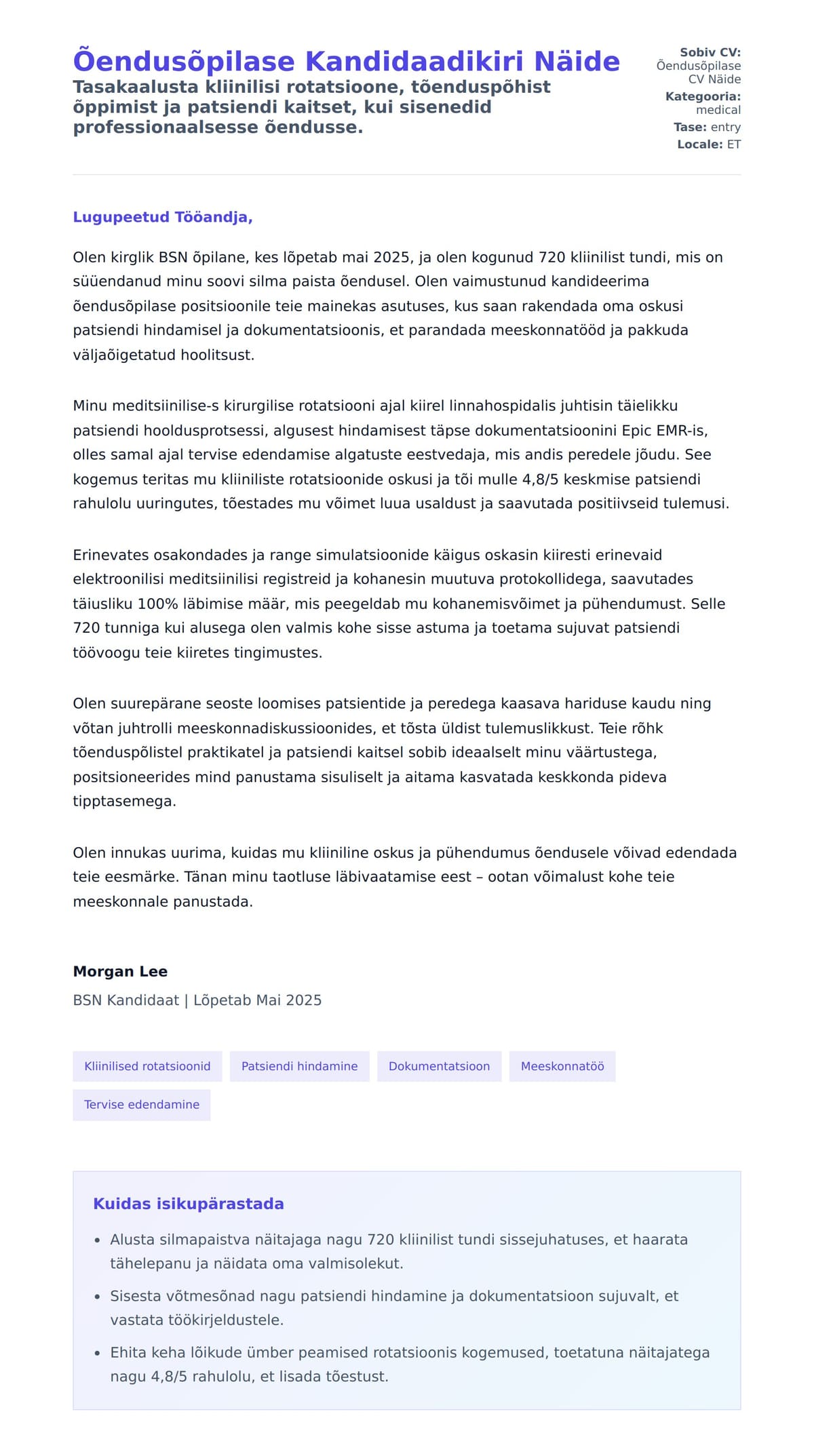 Kaaskirja eelvaade Õendusõpilase Kandidaadikiri Näide jaoks