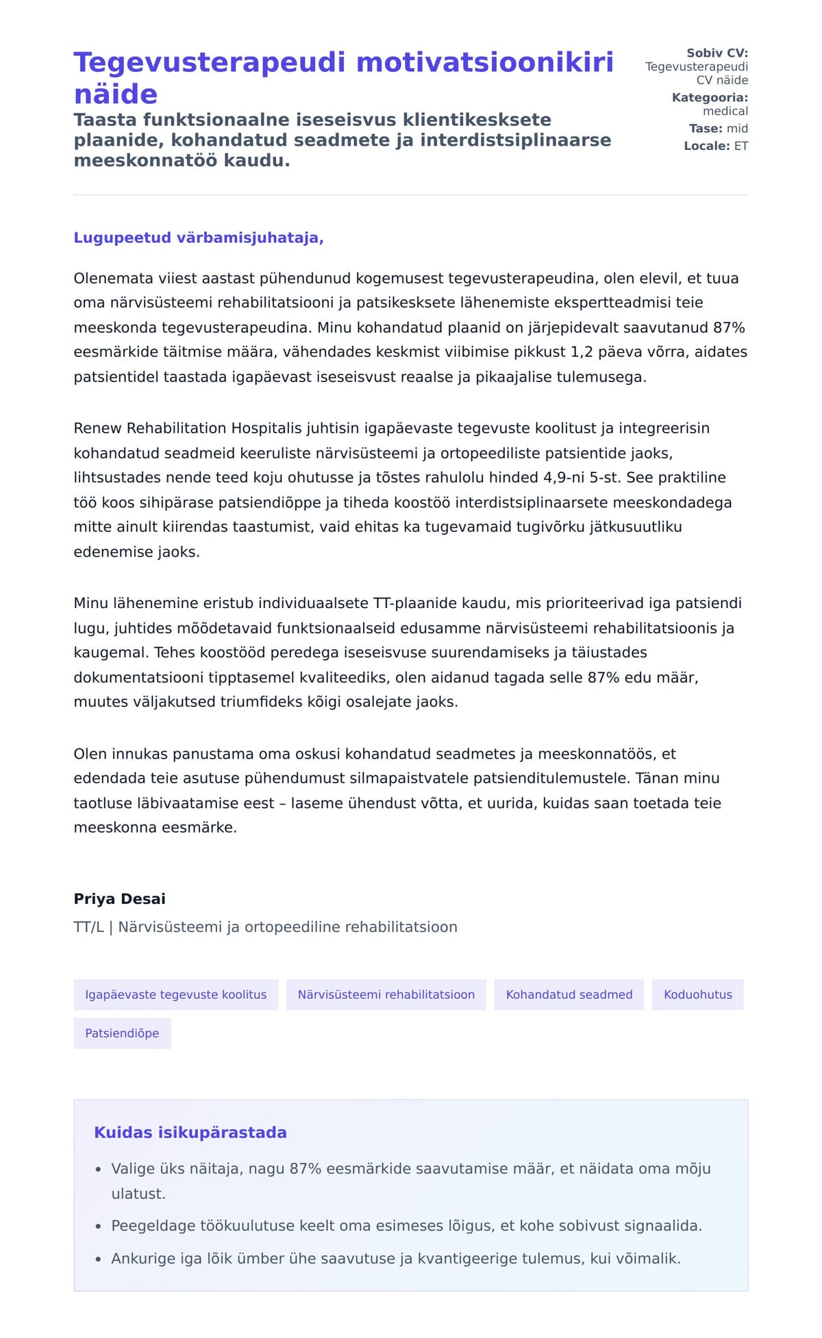 Kaaskirja eelvaade Tegevusterapeudi motivatsioonikiri näide jaoks