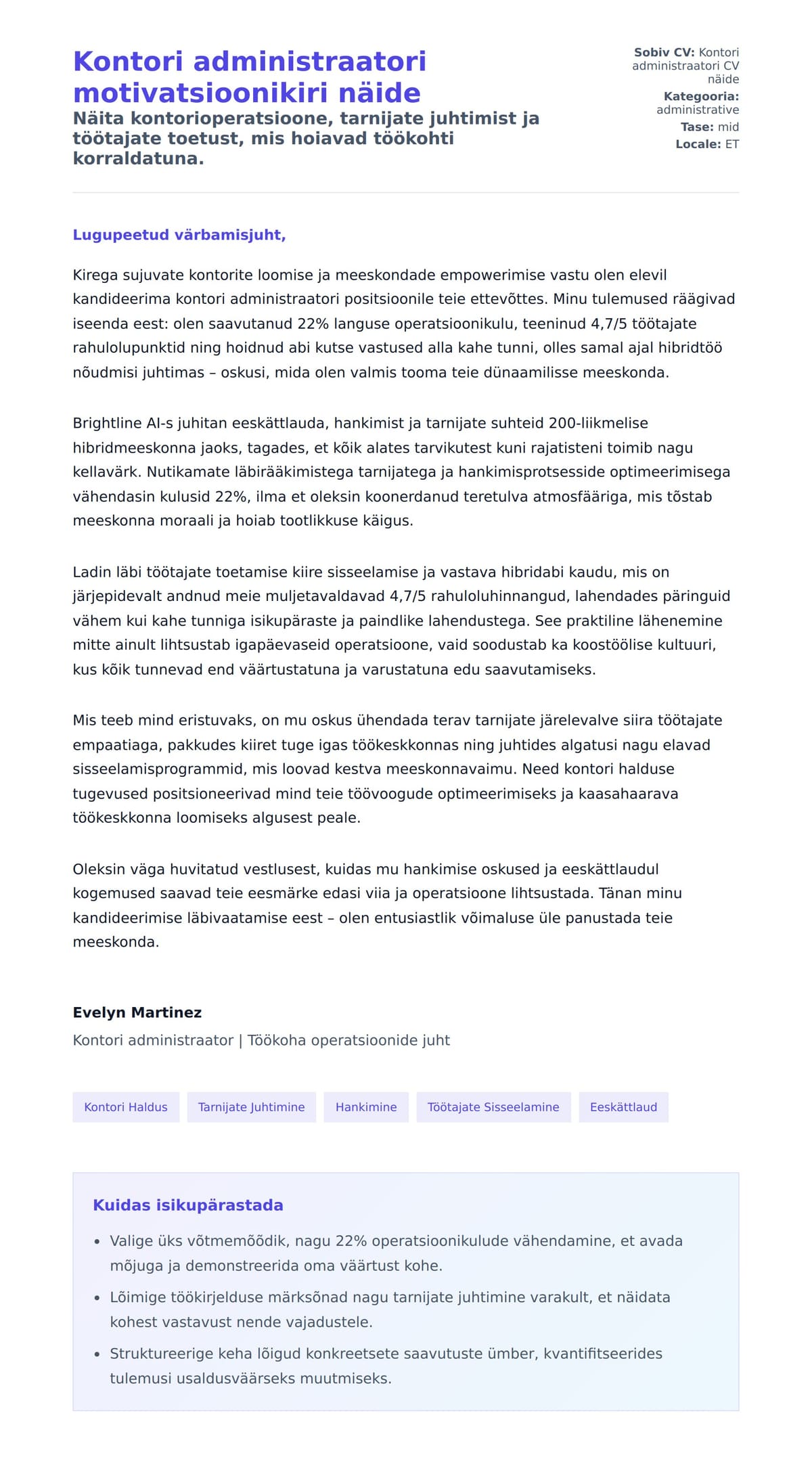 Kaaskirja eelvaade Kontori administraatori motivatsioonikiri näide jaoks
