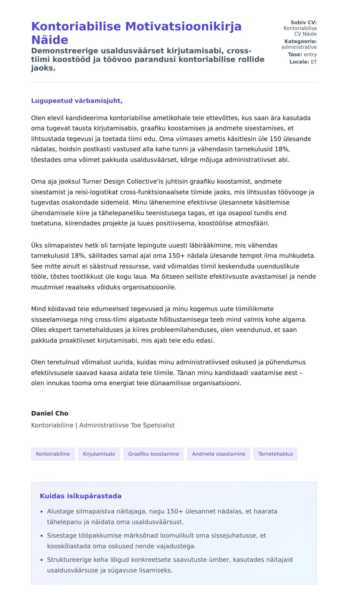 Kaaskirja eelvaade Kontoriabilise Motivatsioonikirja Näide jaoks