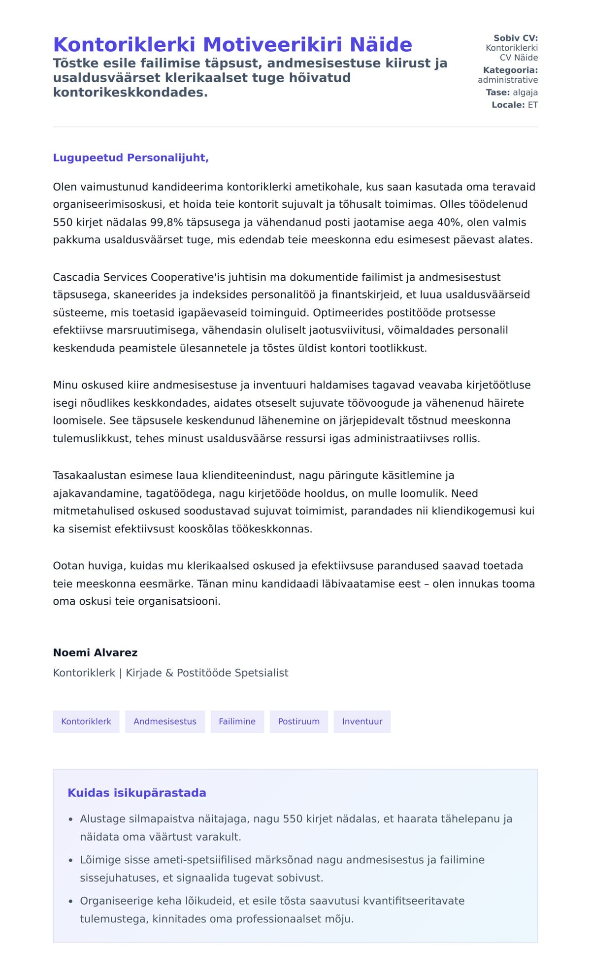 Kaaskirja eelvaade Kontoriklerki Motiveerikiri Näide jaoks