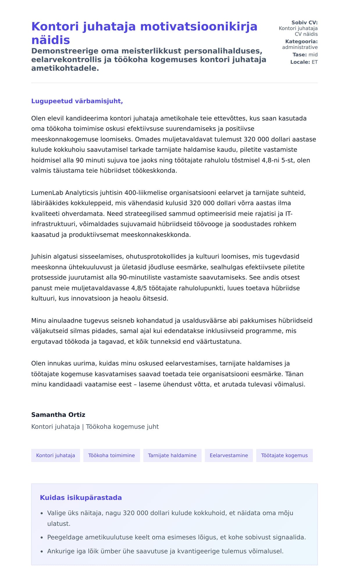Kaaskirja eelvaade Kontori juhataja motivatsioonikirja näidis jaoks