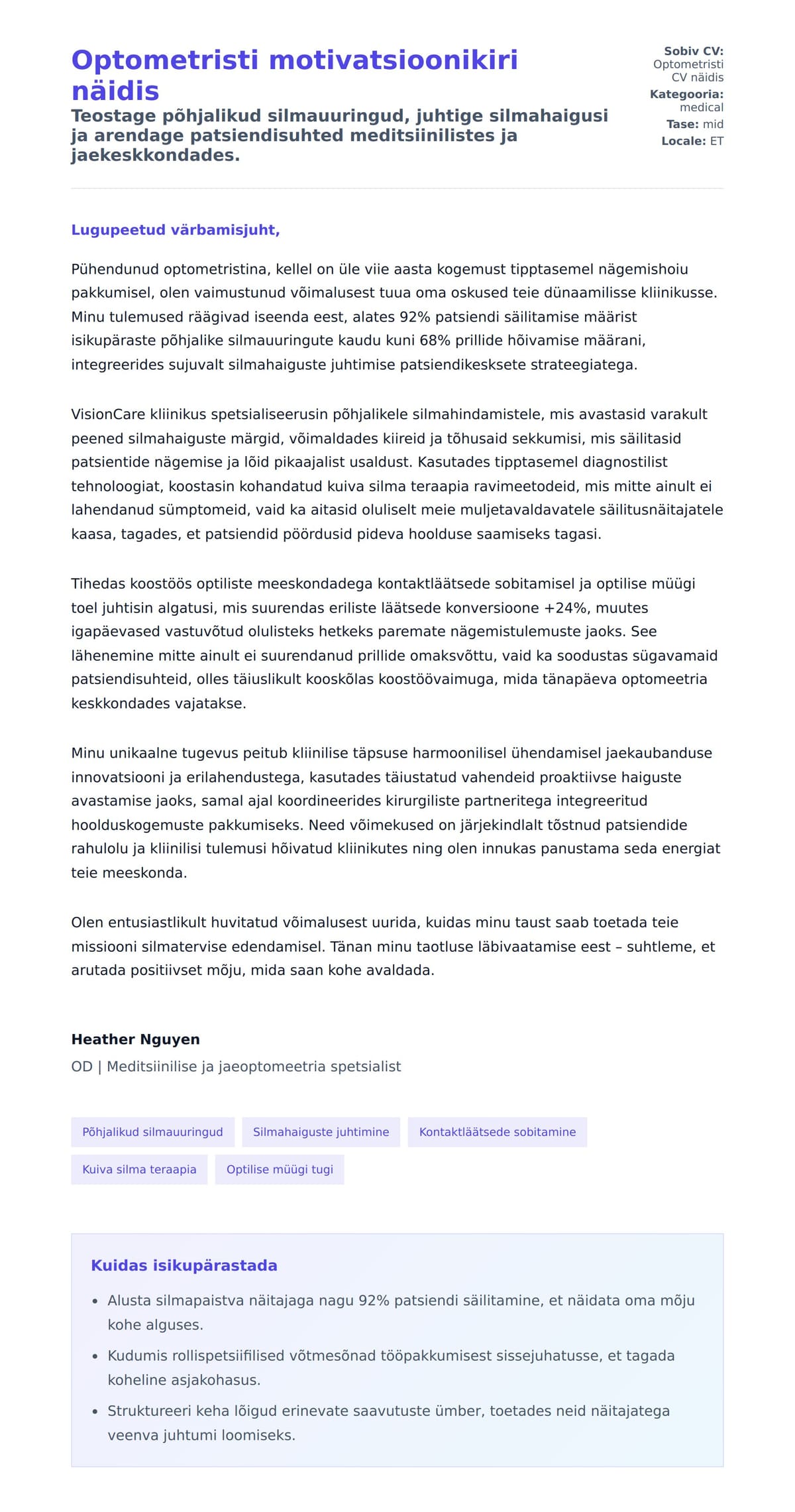 Kaaskirja eelvaade Optometristi motivatsioonikiri näidis jaoks