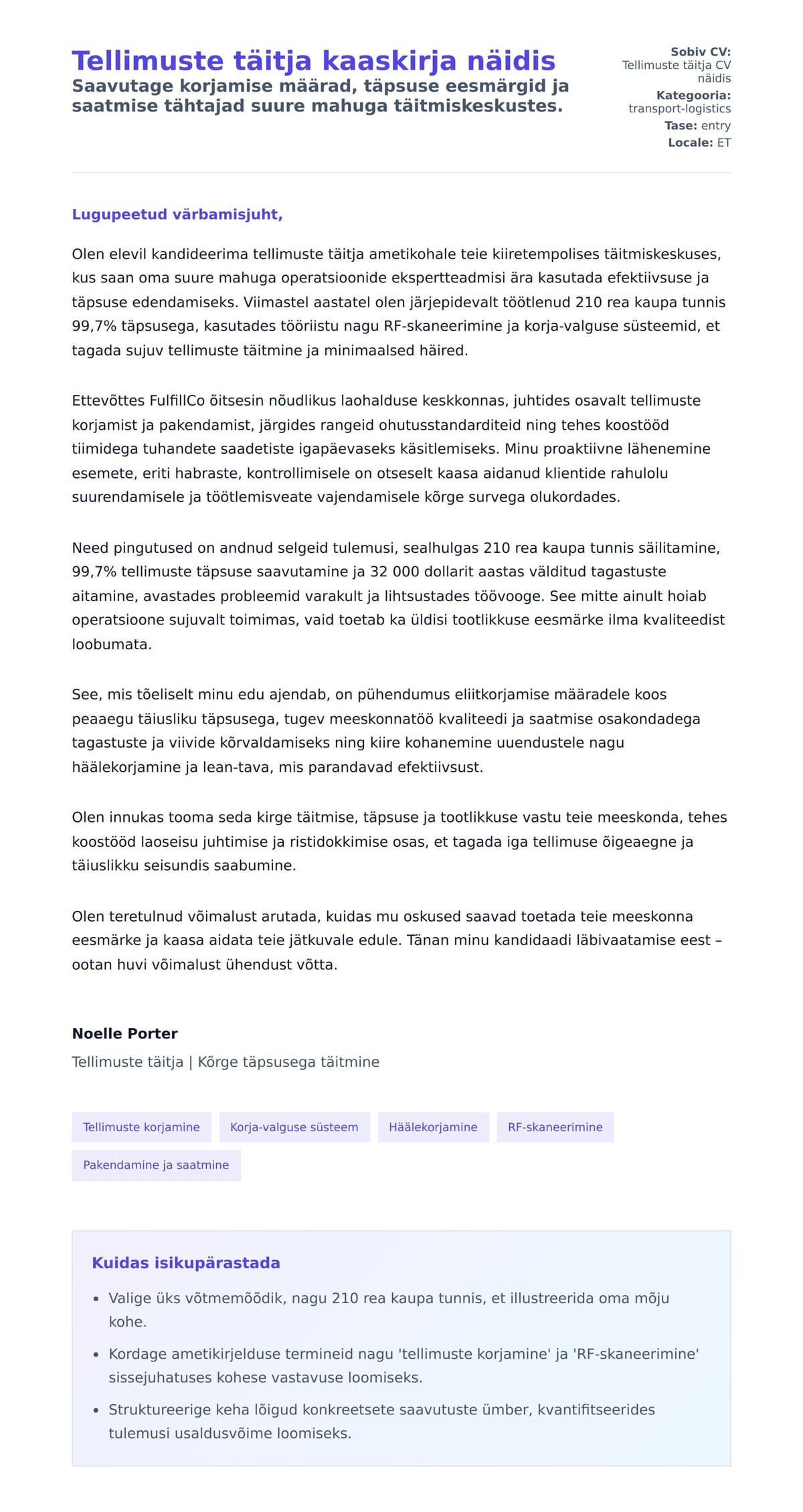 Kaaskirja eelvaade Tellimuste täitja kaaskirja näidis jaoks