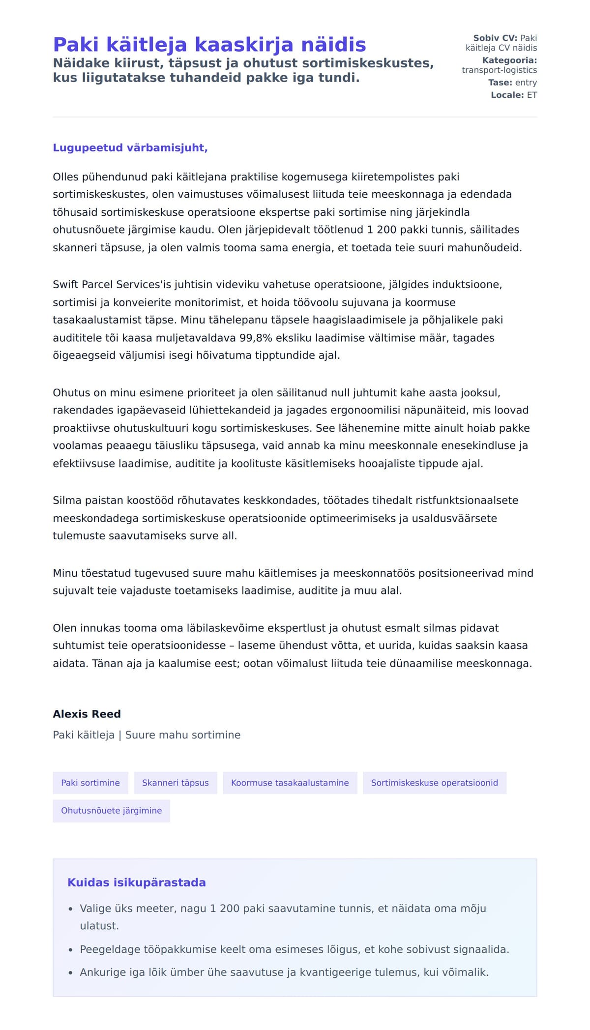 Kaaskirja eelvaade Paki käitleja kaaskirja näidis jaoks