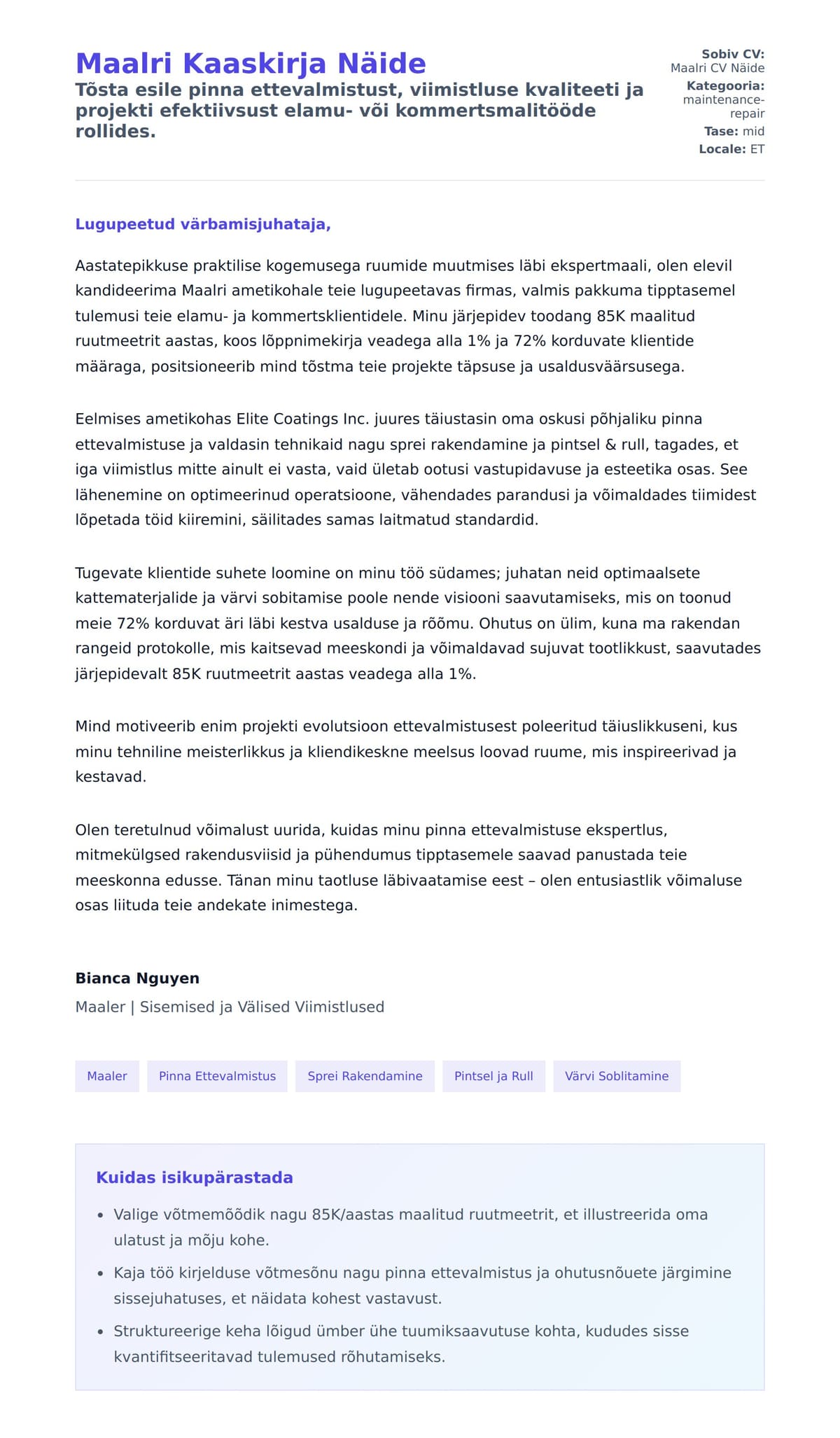 Kaaskirja eelvaade Maalri Kaaskirja Näide jaoks