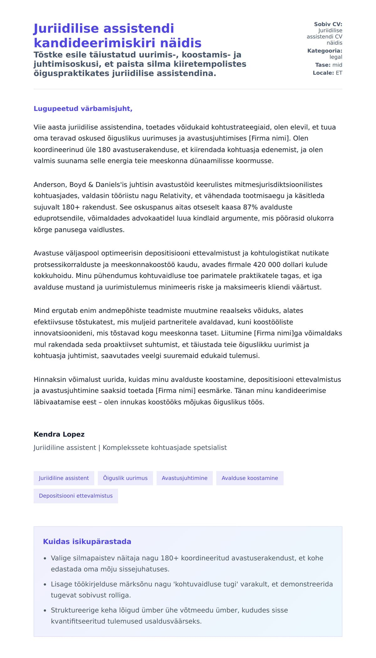 Kaaskirja eelvaade Juriidilise assistendi kandideerimiskiri näidis jaoks