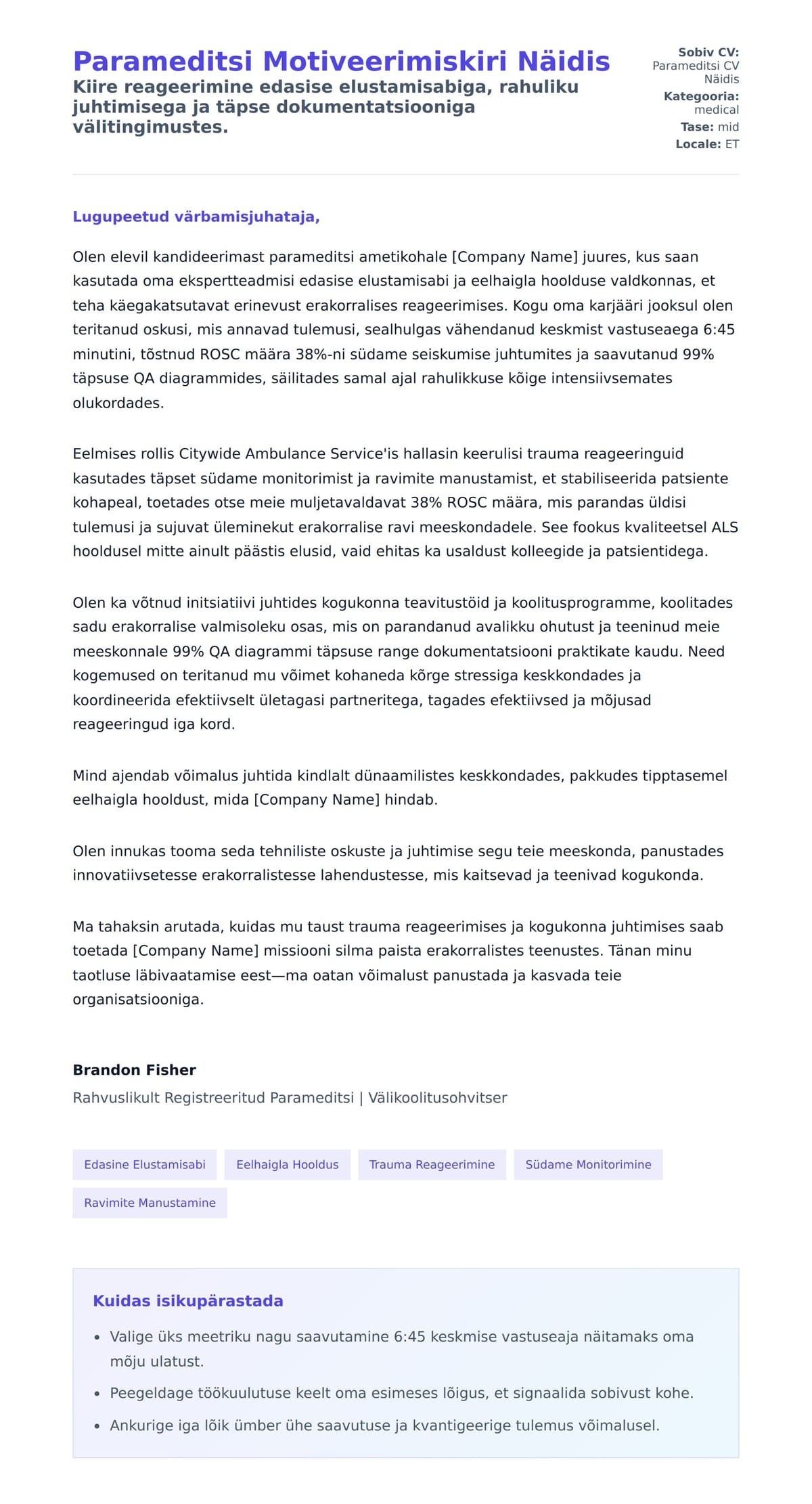 Kaaskirja eelvaade Parameditsi Motiveerimiskiri Näidis jaoks