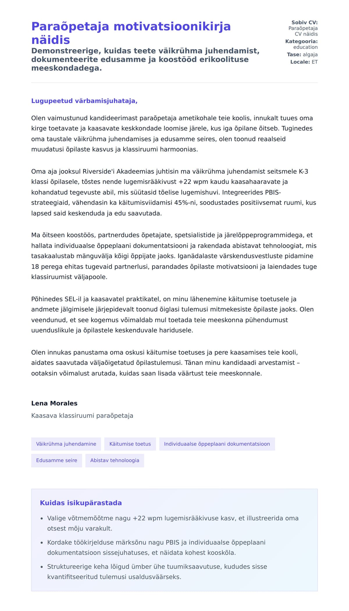 Kaaskirja eelvaade Paraõpetaja motivatsioonikirja näidis jaoks