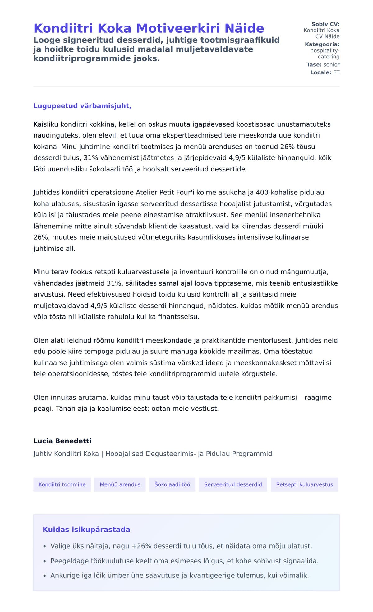 Kaaskirja eelvaade Kondiitri Koka Motiveerkiri Näide jaoks