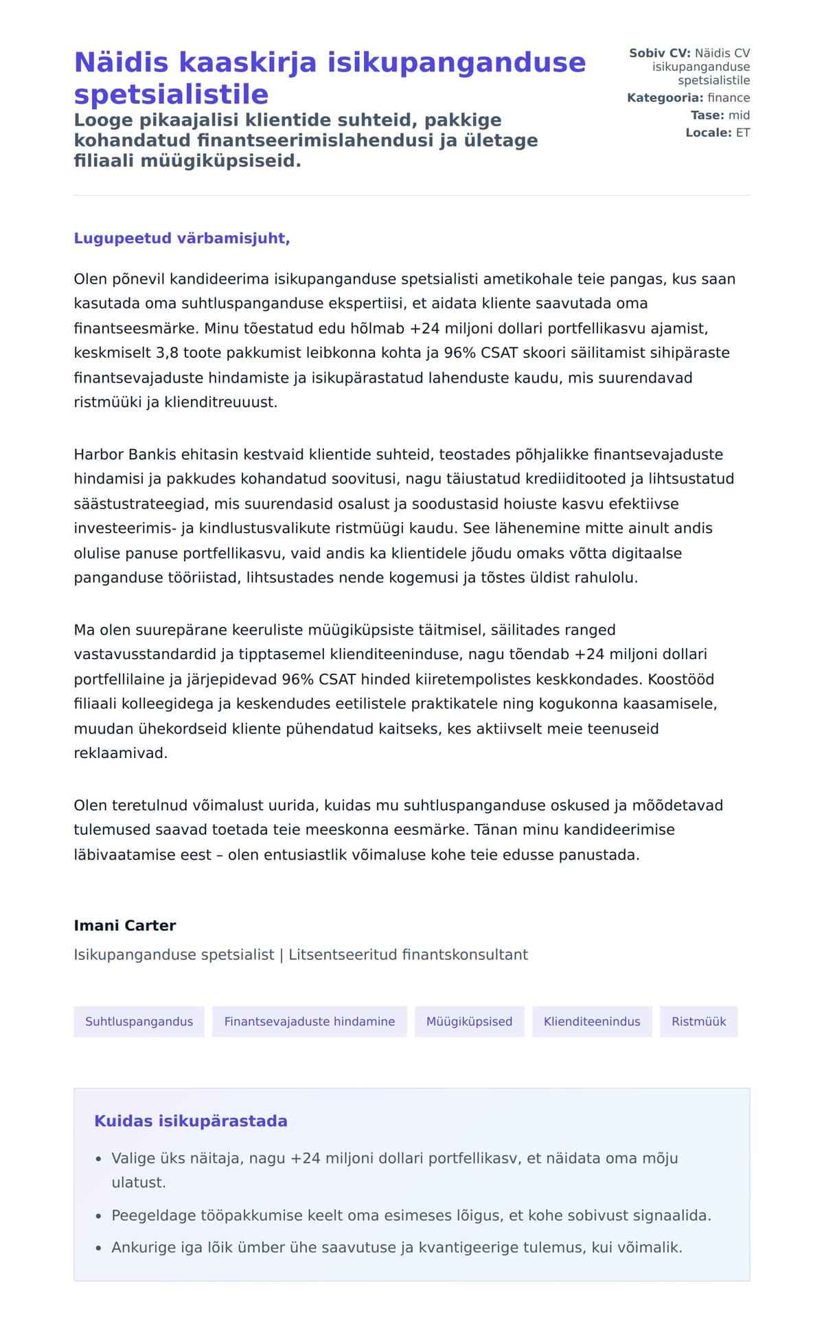 Kaaskirja eelvaade Näidis kaaskirja isikupanganduse spetsialistile jaoks
