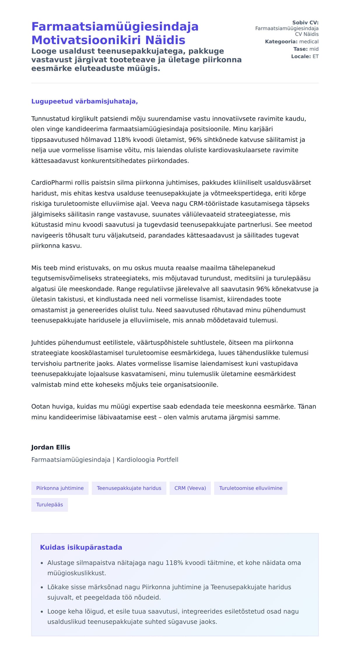 Kaaskirja eelvaade Farmaatsiamüügiesindaja Motivatsioonikiri Näidis jaoks