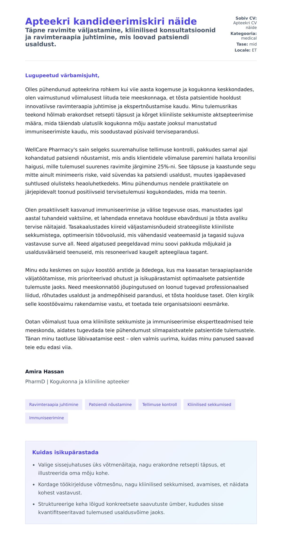 Kaaskirja eelvaade Apteekri kandideerimiskiri näide jaoks