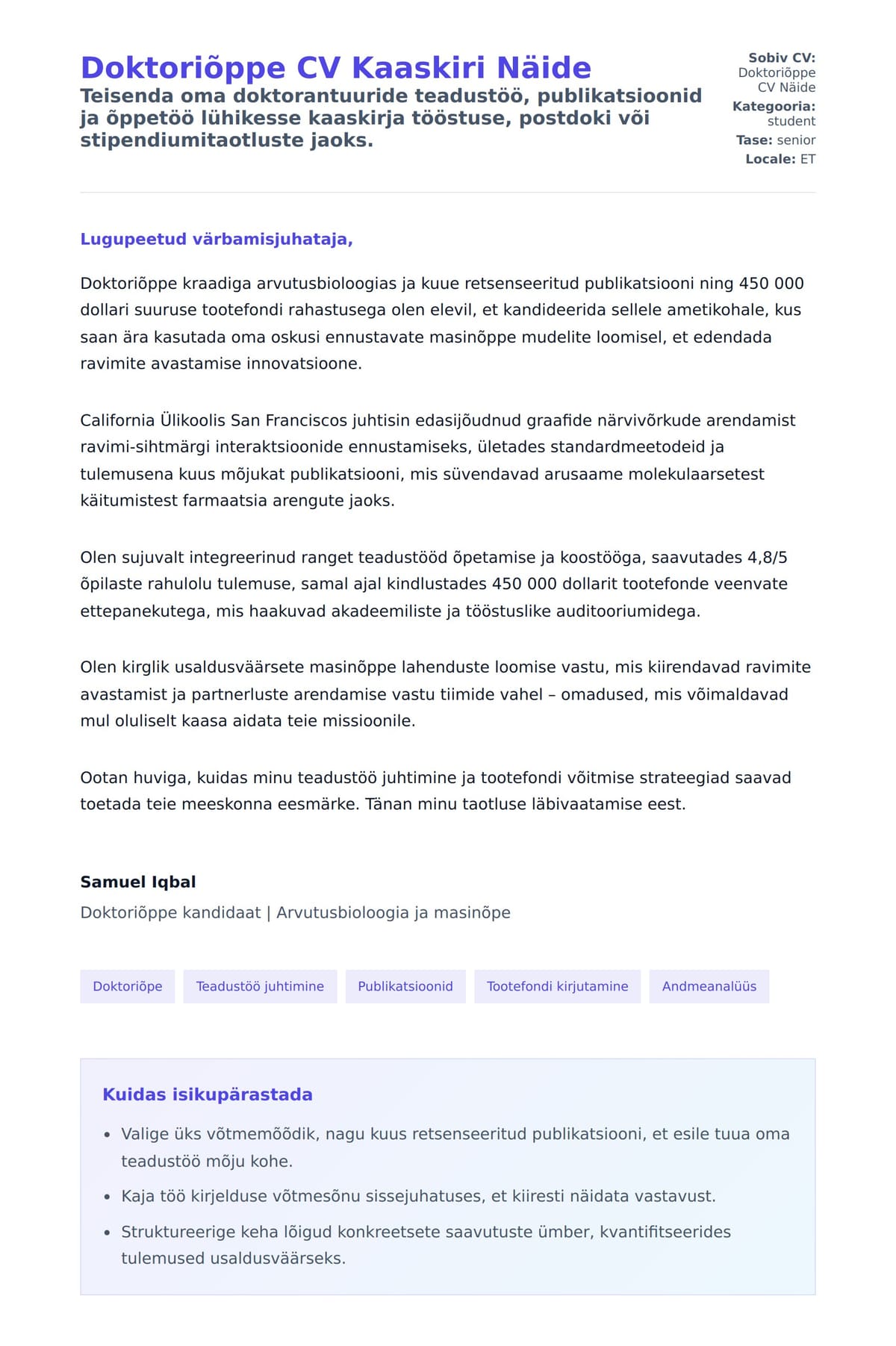 Kaaskirja eelvaade Doktoriõppe CV Kaaskiri Näide jaoks