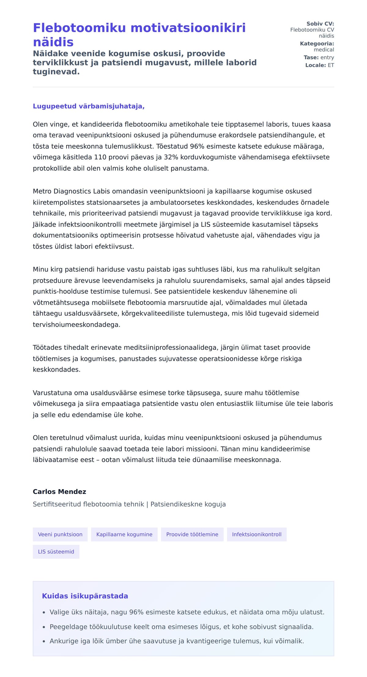 Kaaskirja eelvaade Flebotoomiku motivatsioonikiri näidis jaoks