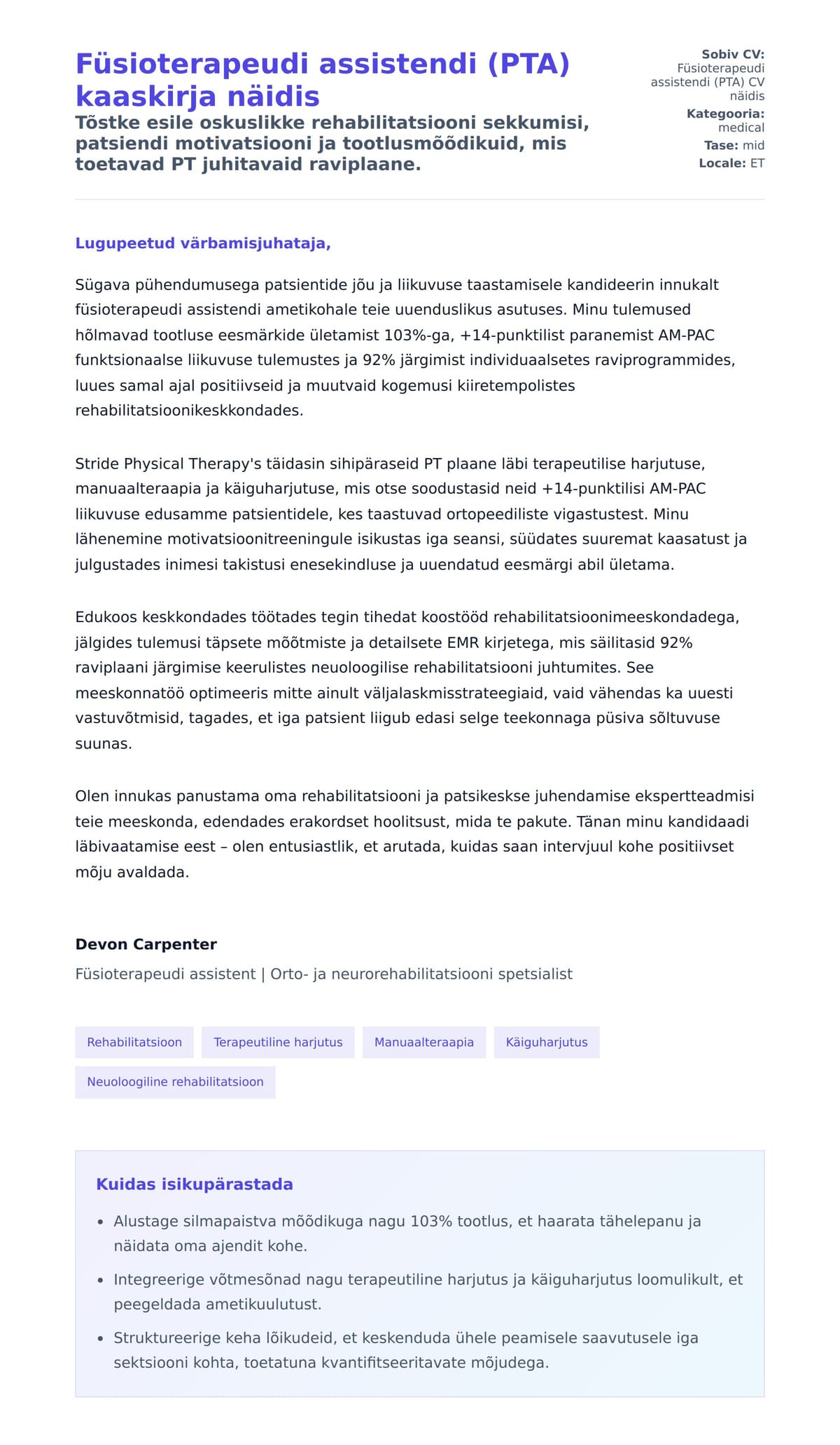 Kaaskirja eelvaade Füsioterapeudi assistendi (PTA) kaaskirja näidis jaoks