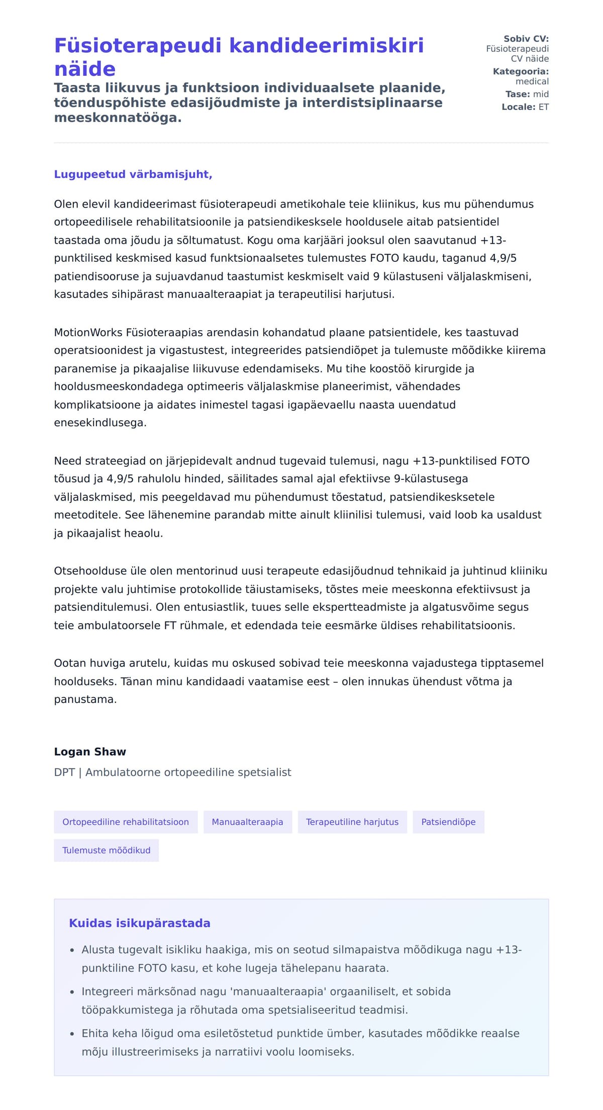 Kaaskirja eelvaade Füsioterapeudi kandideerimiskiri näide jaoks