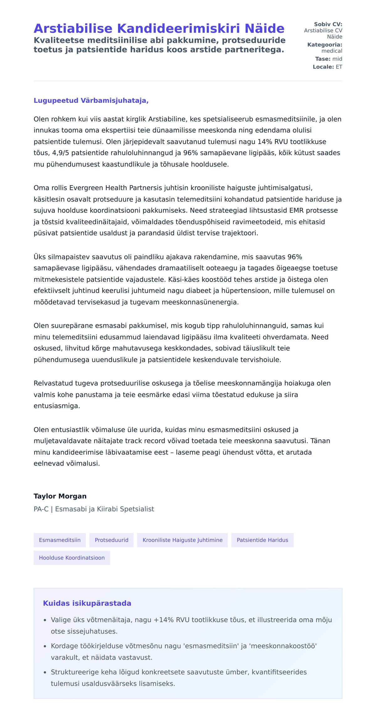 Kaaskirja eelvaade Arstiabilise Kandideerimiskiri Näide jaoks