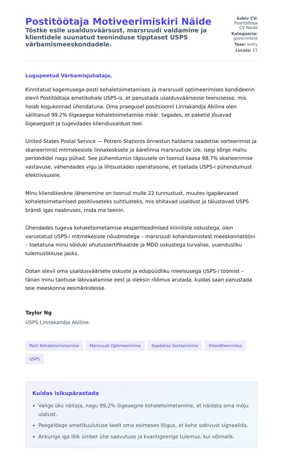 Kaaskirja eelvaade Postitöötaja Motiveerimiskiri Näide jaoks