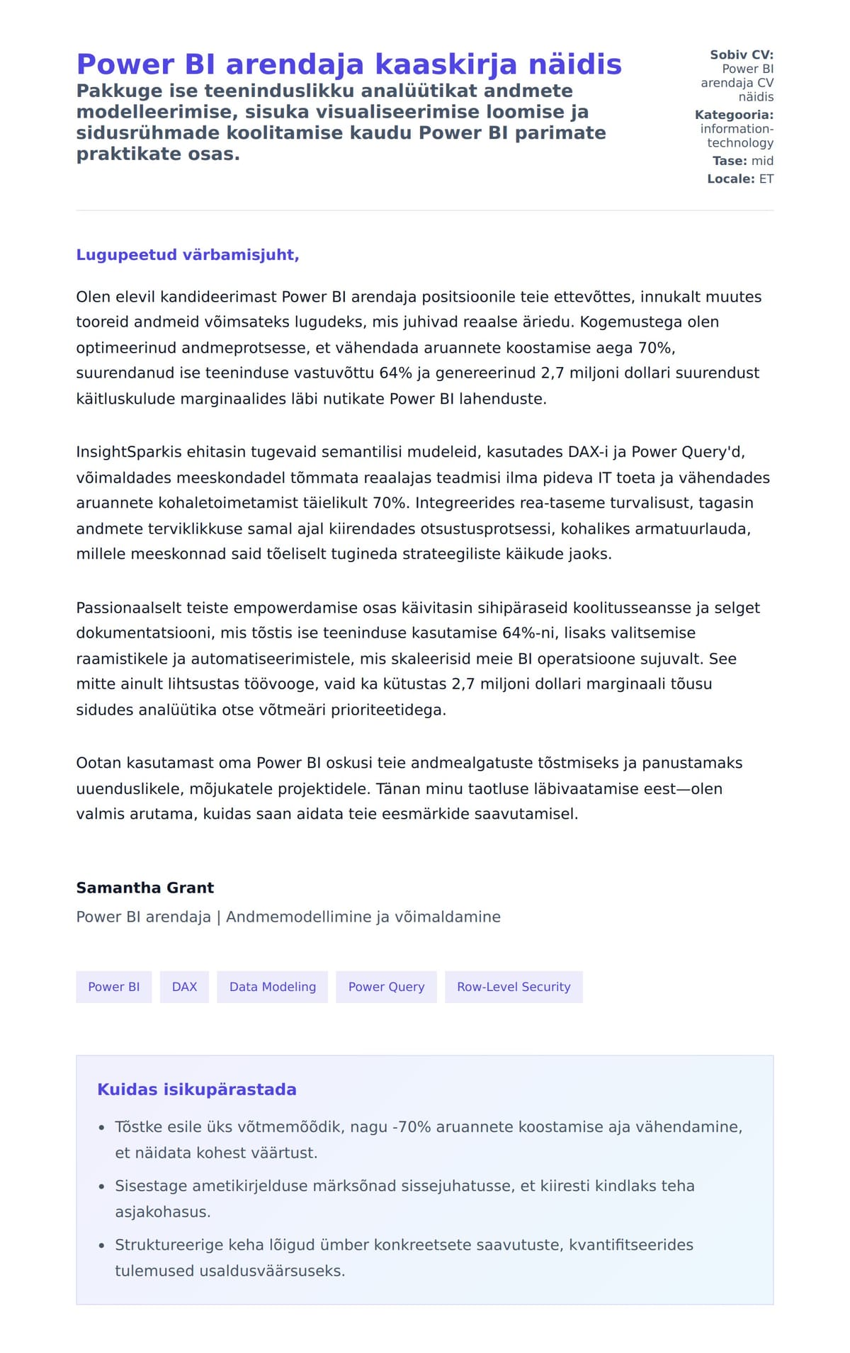 Kaaskirja eelvaade Power BI arendaja kaaskirja näidis jaoks