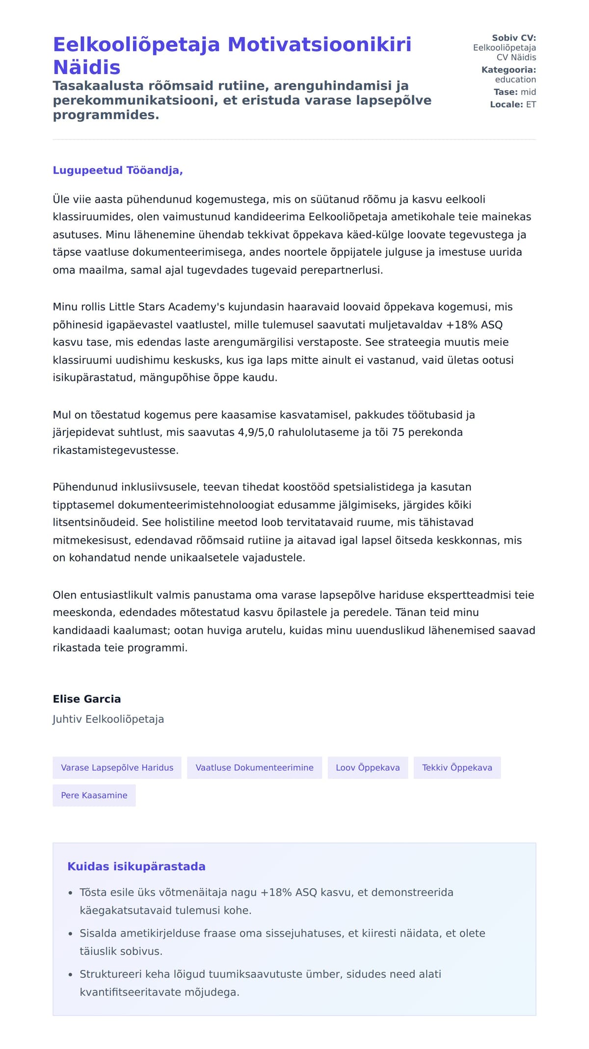 Kaaskirja eelvaade Eelkooliõpetaja Motivatsioonikiri Näidis jaoks