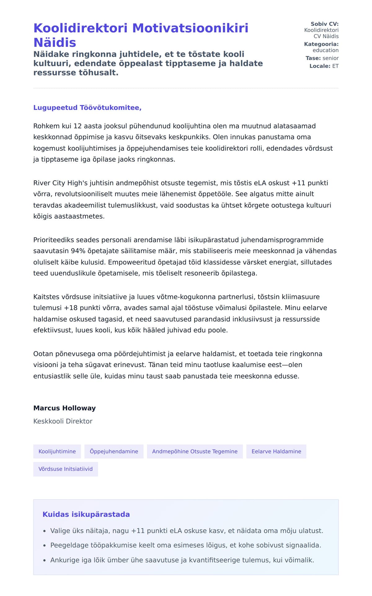 Kaaskirja eelvaade Koolidirektori Motivatsioonikiri Näidis jaoks