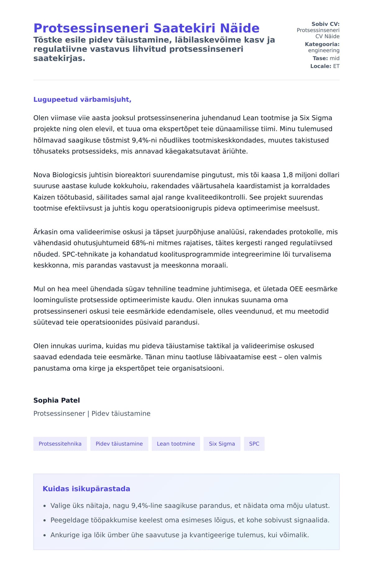 Kaaskirja eelvaade Protsessinseneri Saatekiri Näide jaoks