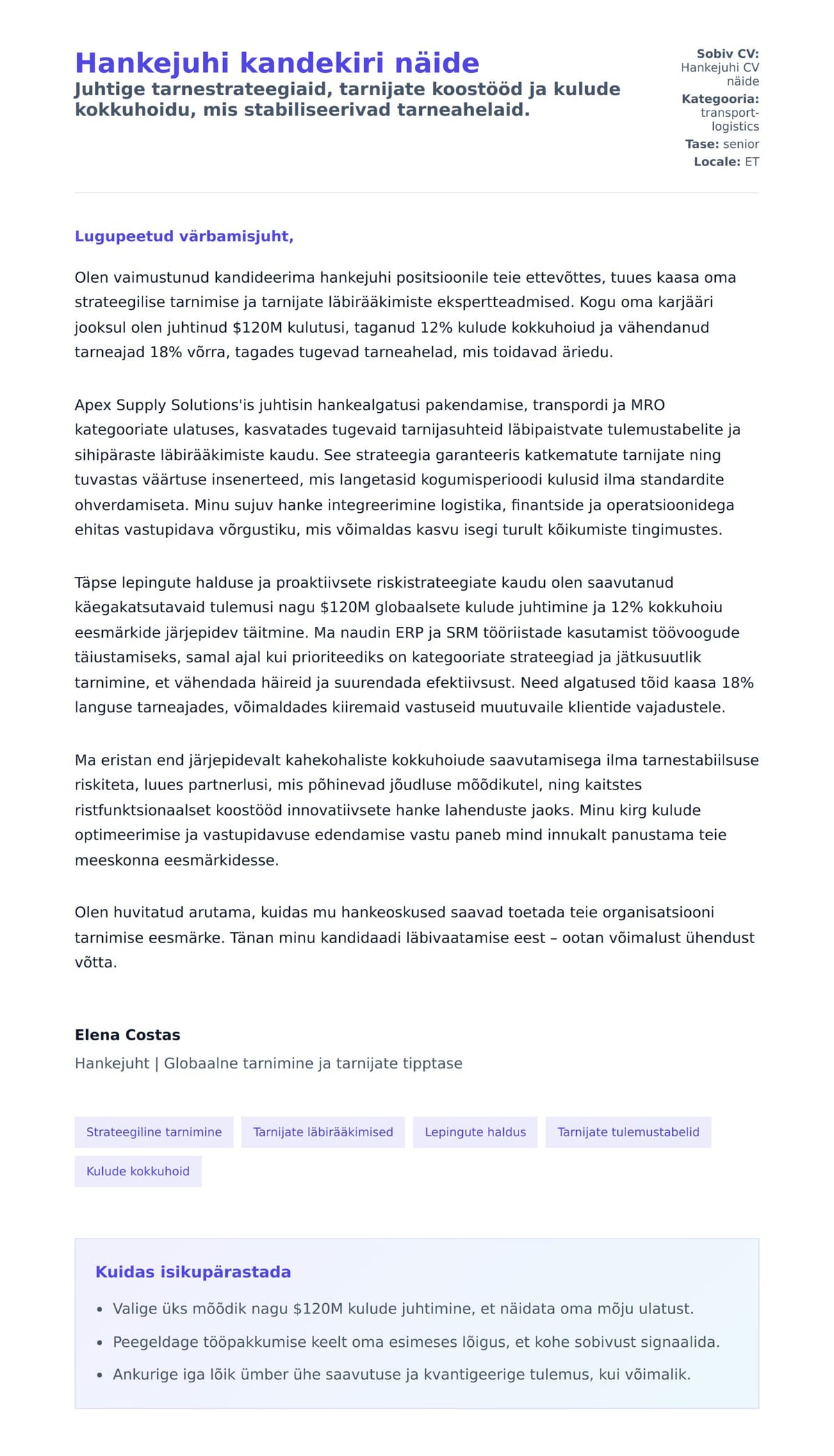 Kaaskirja eelvaade Hankejuhi kandekiri näide jaoks