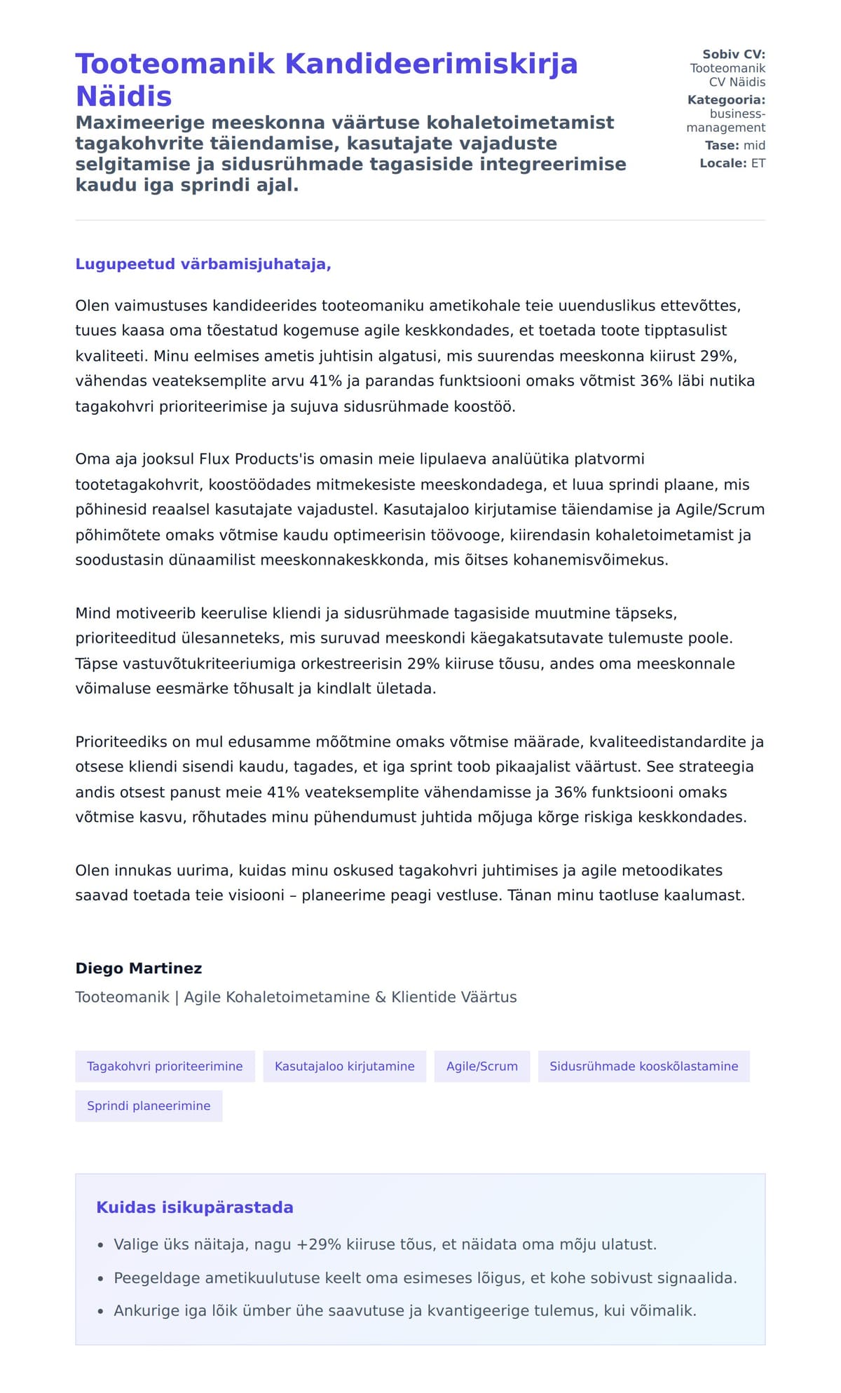 Kaaskirja eelvaade Tooteomanik Kandideerimiskirja Näidis jaoks
