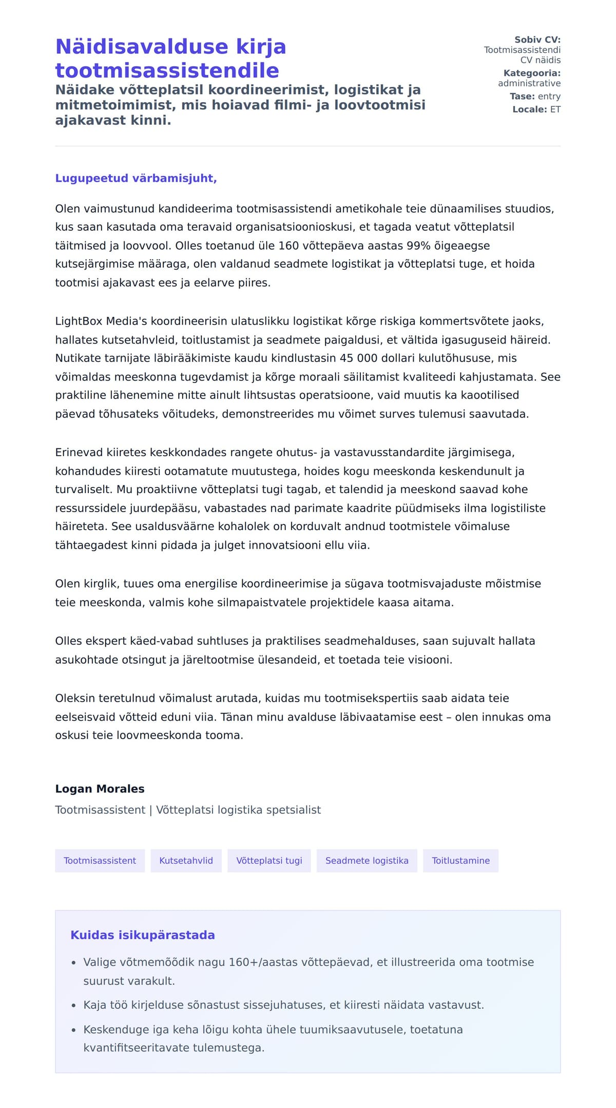 Kaaskirja eelvaade Näidisavalduse kirja tootmisassistendile jaoks