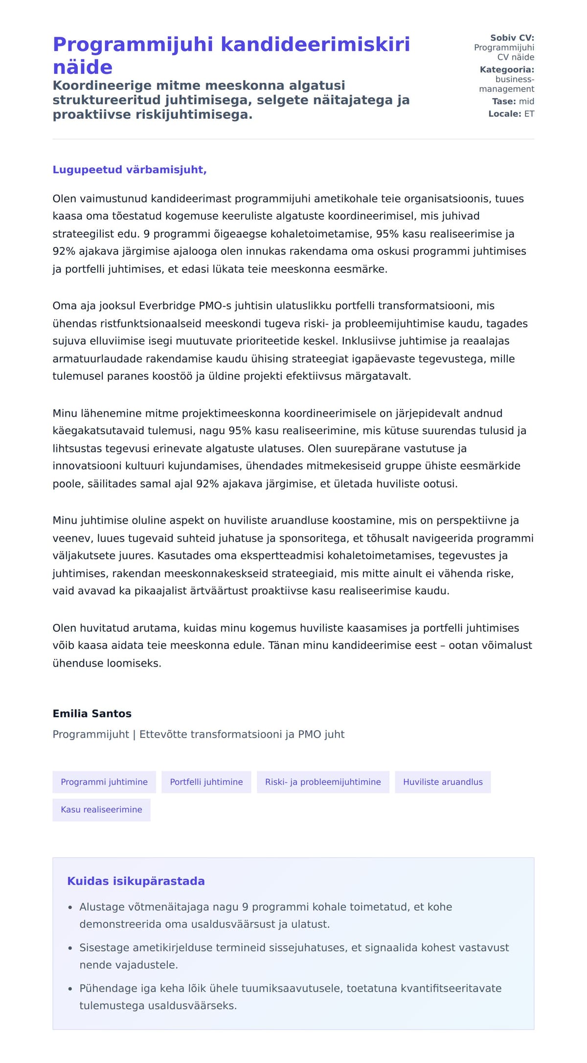 Kaaskirja eelvaade Programmijuhi kandideerimiskiri näide jaoks