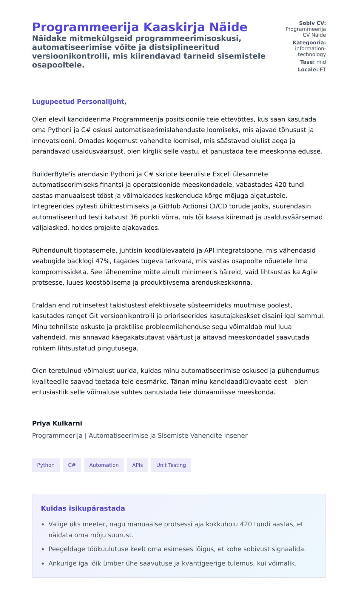 Kaaskirja eelvaade Programmeerija Kaaskirja Näide jaoks