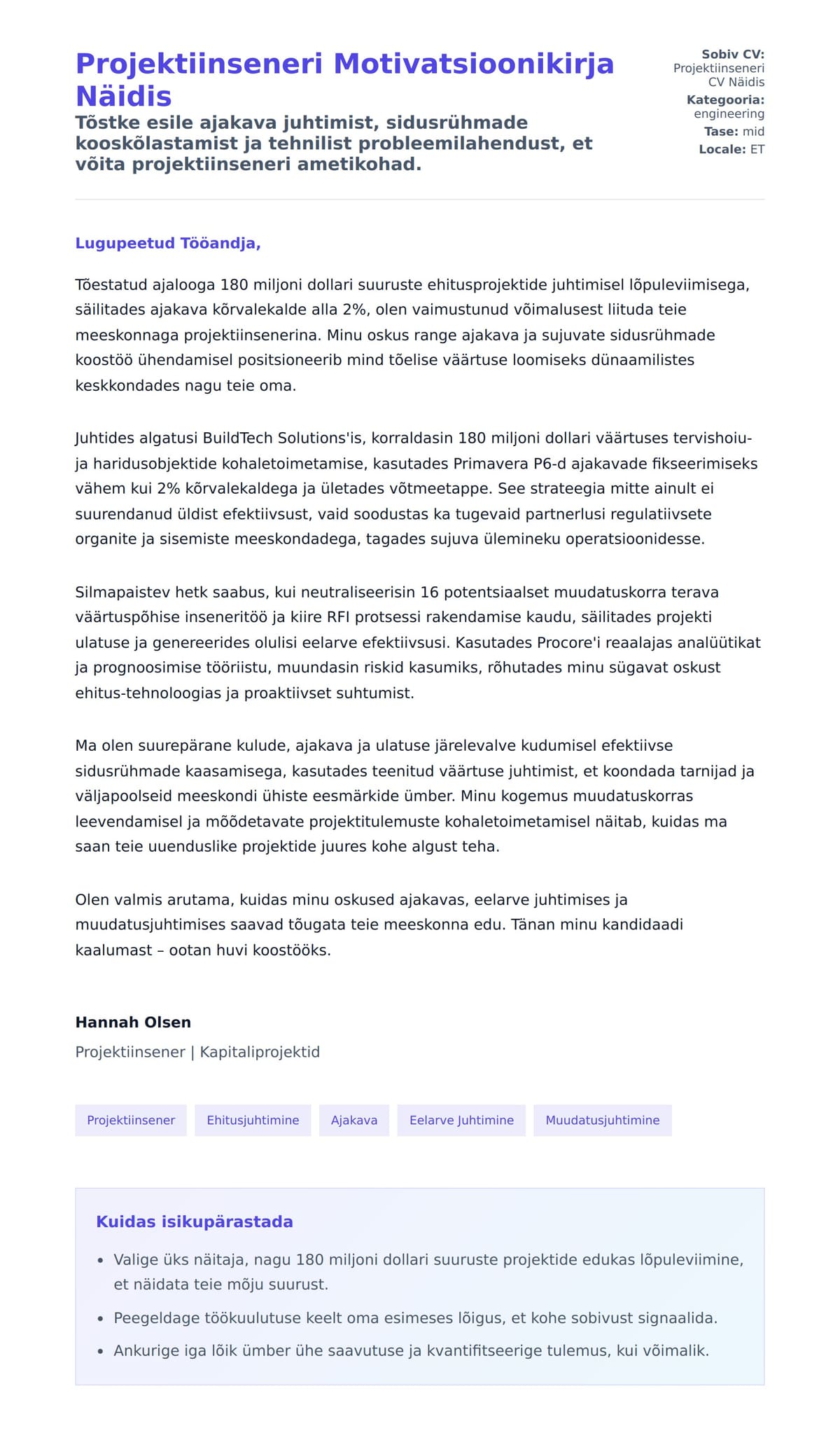 Kaaskirja eelvaade Projektiinseneri Motivatsioonikirja Näidis jaoks