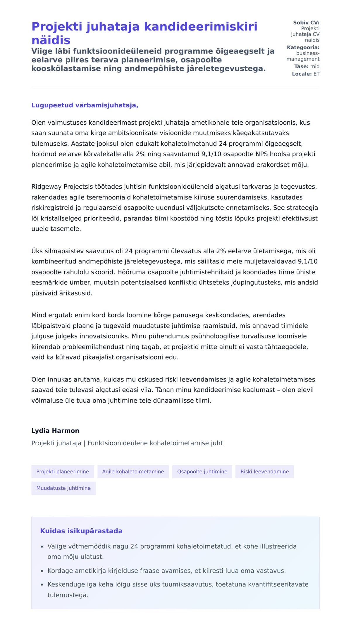Kaaskirja eelvaade Projekti juhataja kandideerimiskiri näidis jaoks