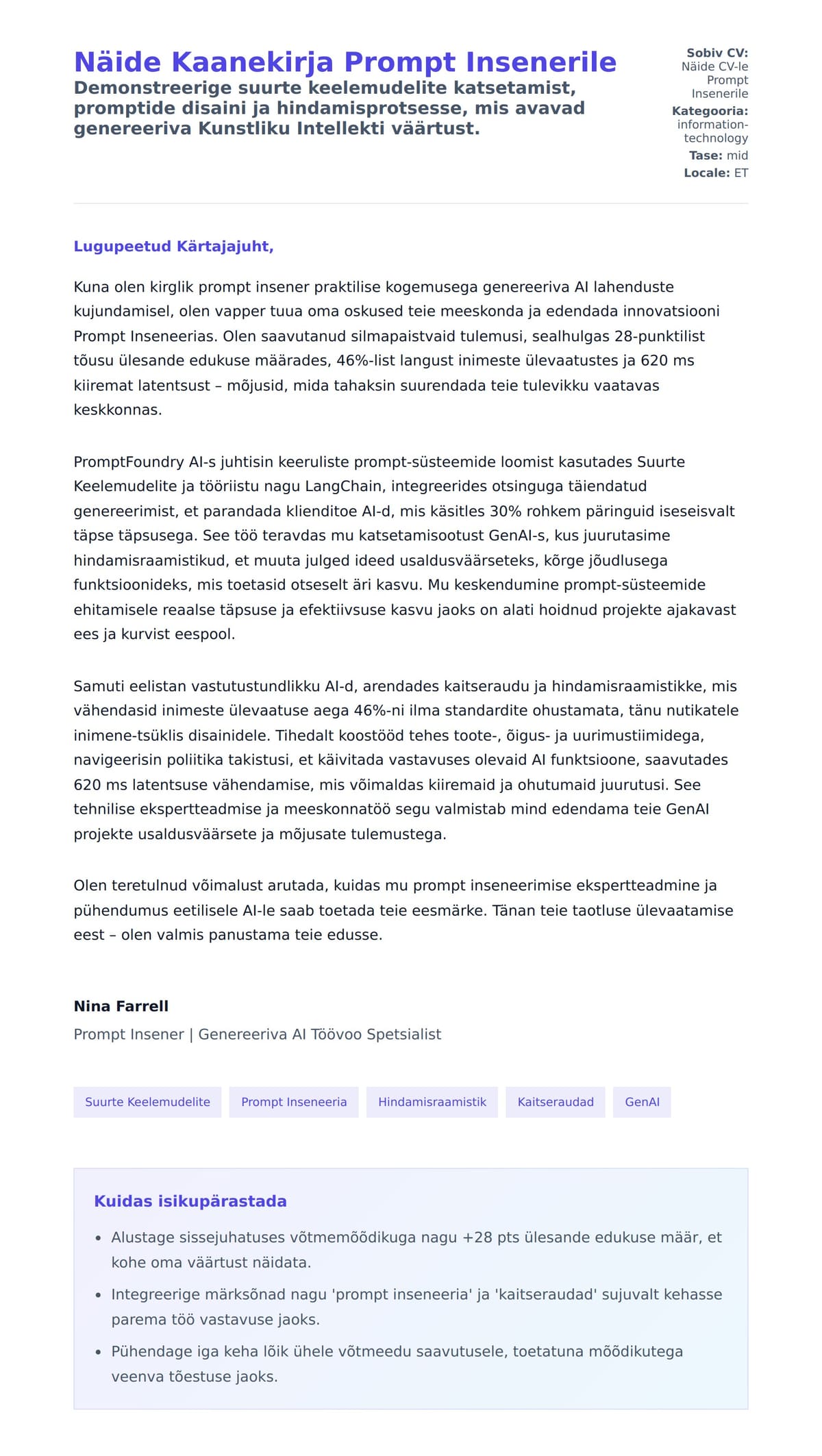 Kaaskirja eelvaade Näide Kaanekirja Prompt Insenerile jaoks