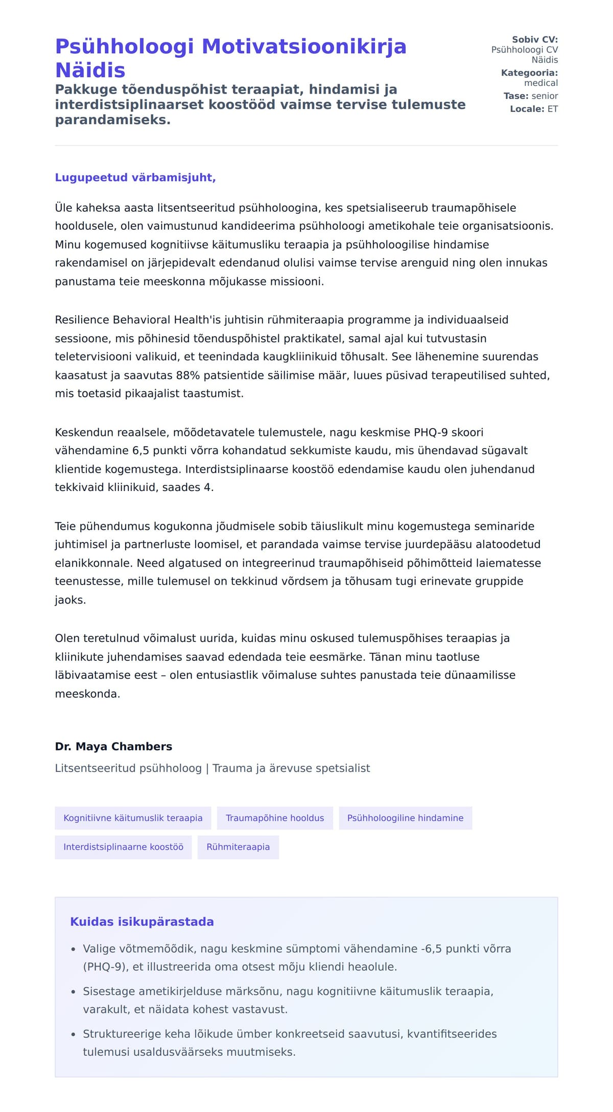 Kaaskirja eelvaade Psühholoogi Motivatsioonikirja Näidis jaoks