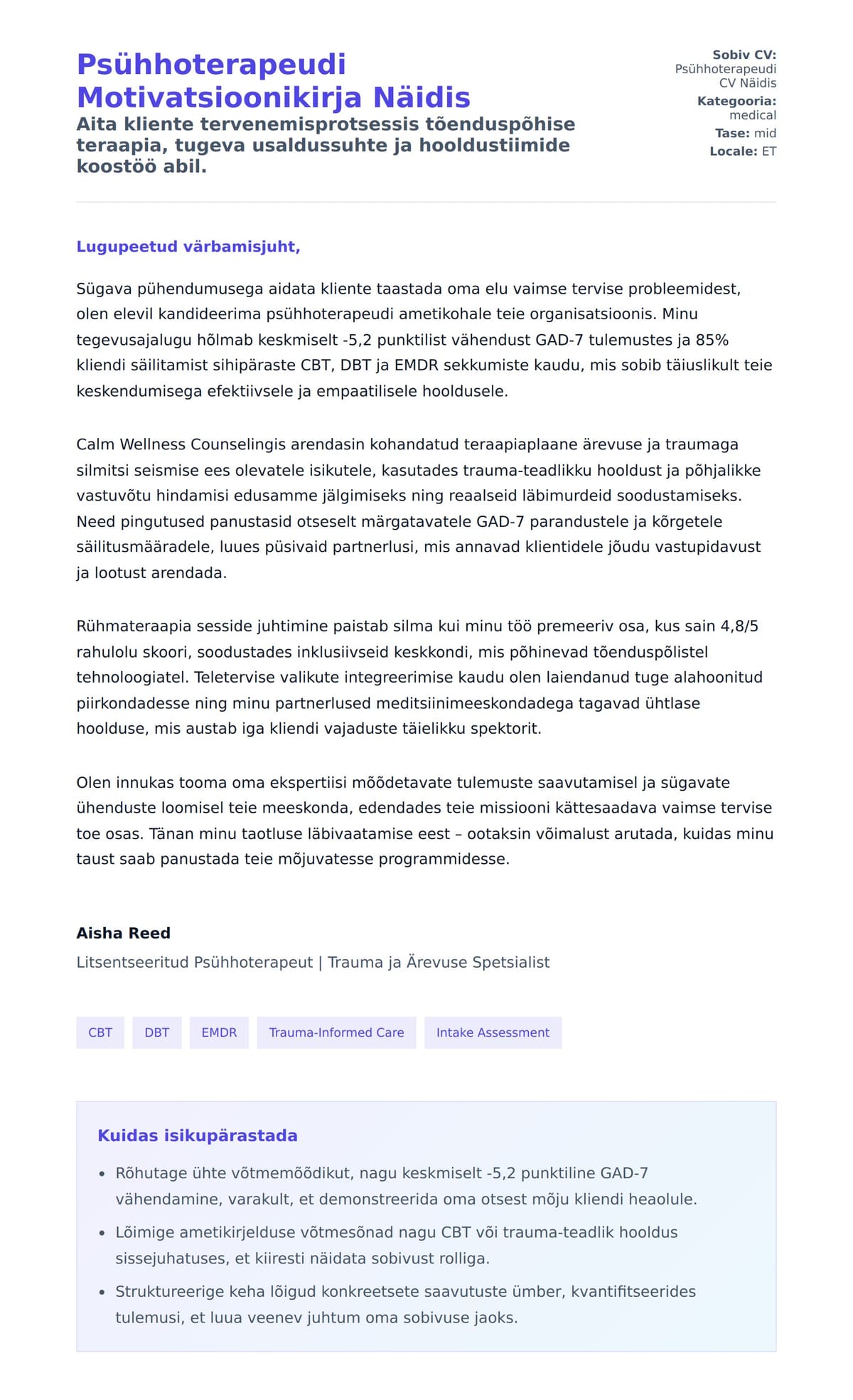 Kaaskirja eelvaade Psühhoterapeudi Motivatsioonikirja Näidis jaoks