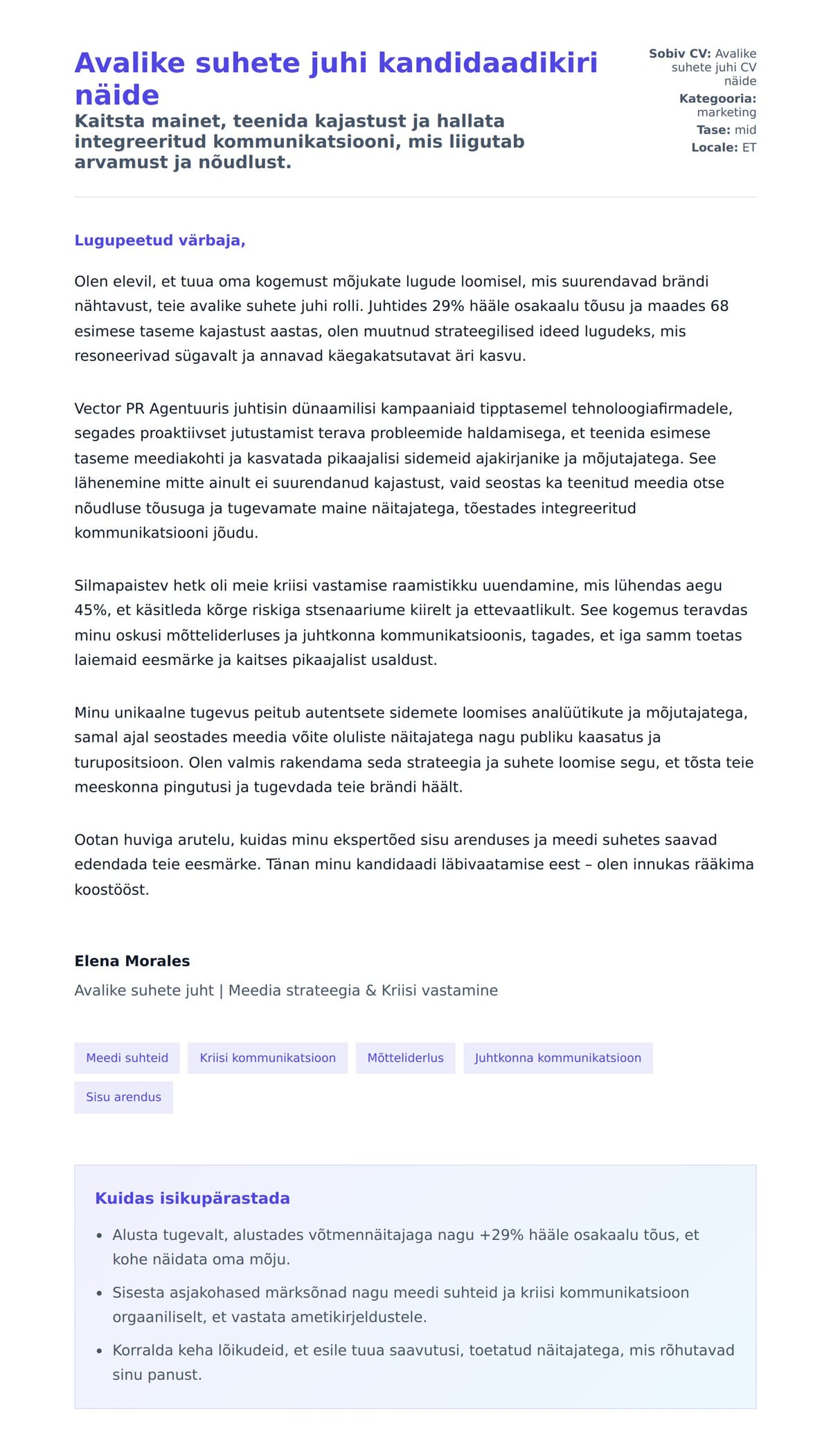 Kaaskirja eelvaade Avalike suhete juhi kandidaadikiri näide jaoks