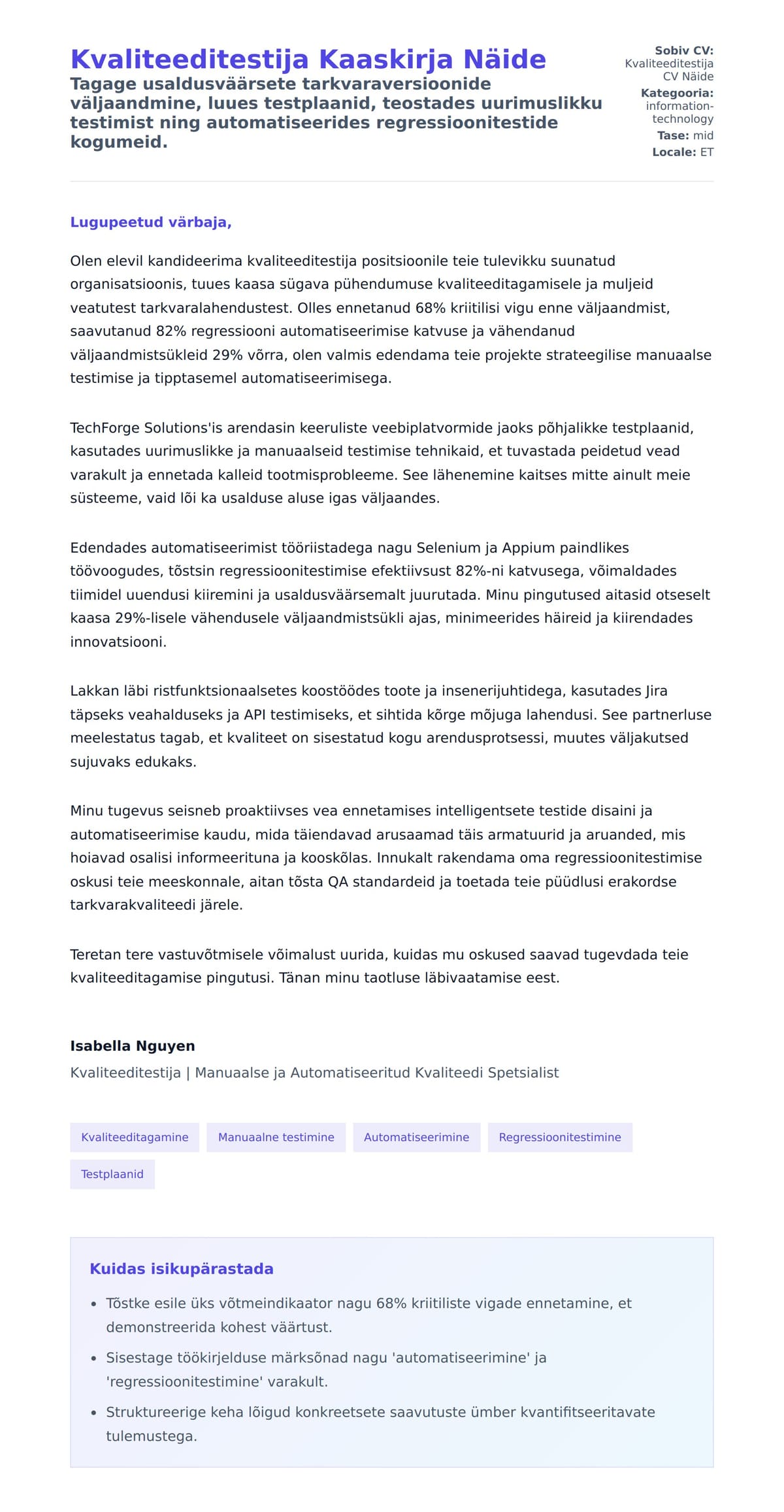 Kaaskirja eelvaade Kvaliteeditestija Kaaskirja Näide jaoks