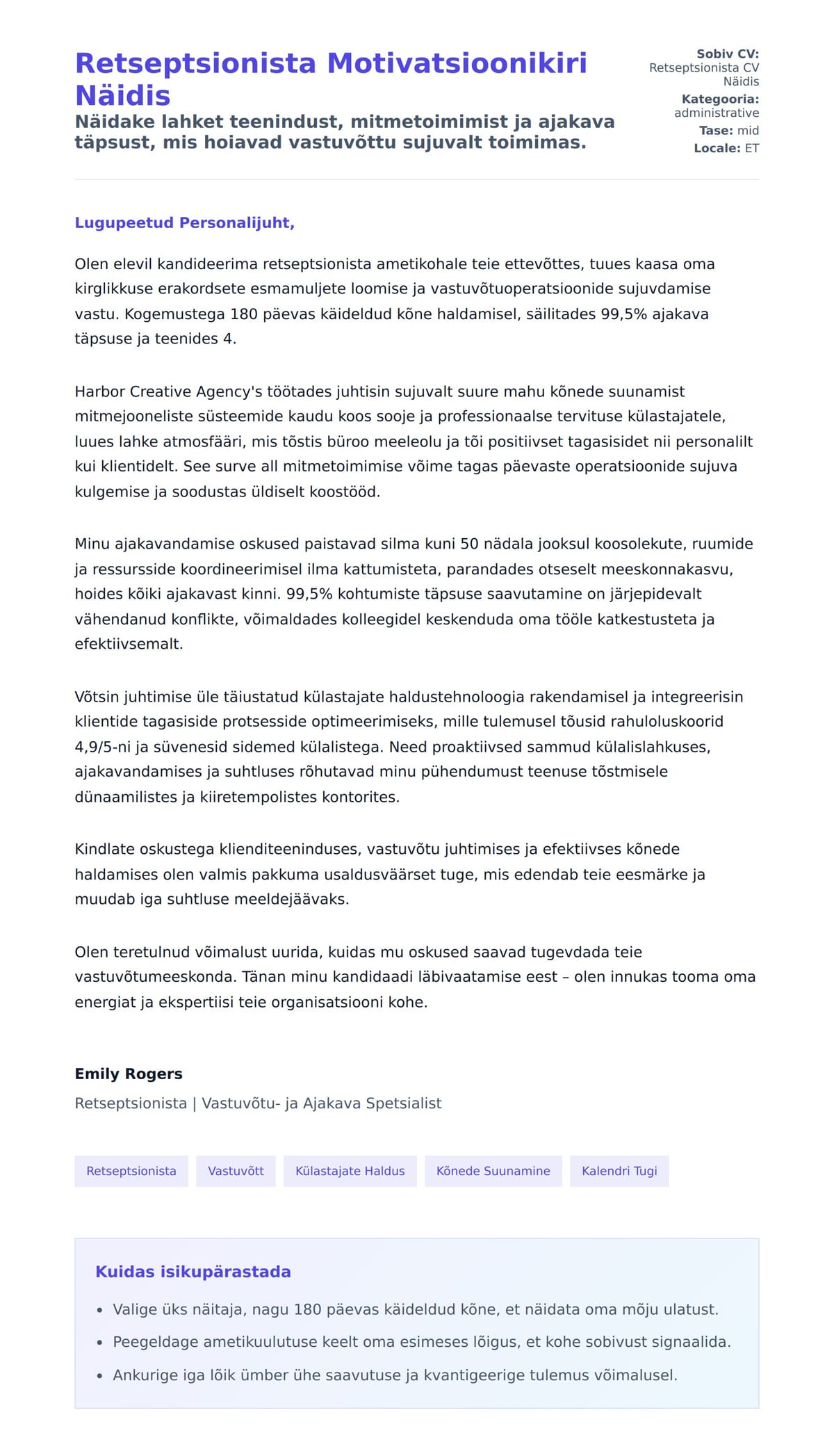 Kaaskirja eelvaade Retseptsionista Motivatsioonikiri Näidis jaoks