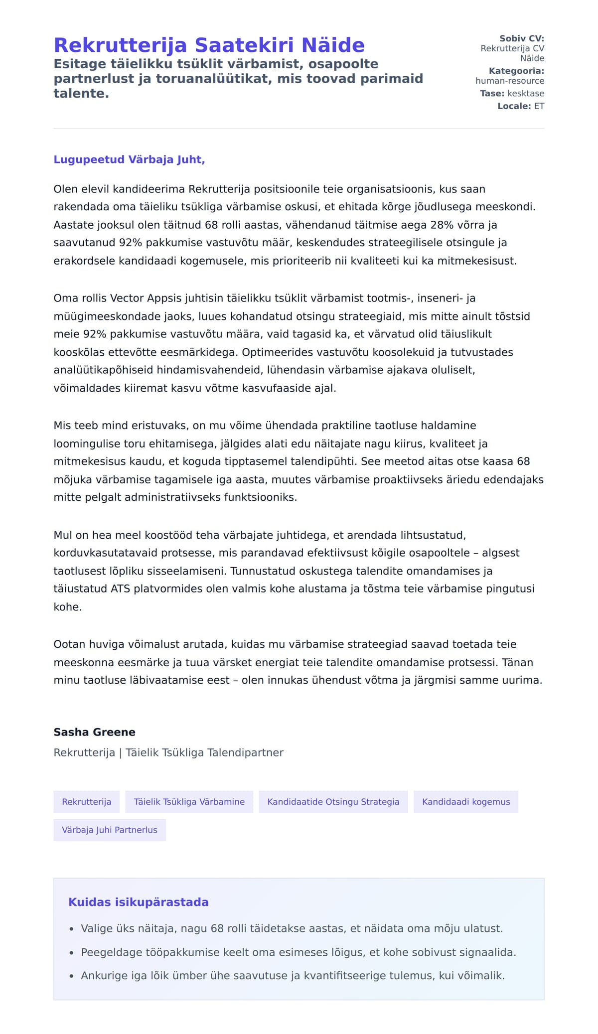 Kaaskirja eelvaade Rekrutterija Saatekiri Näide jaoks