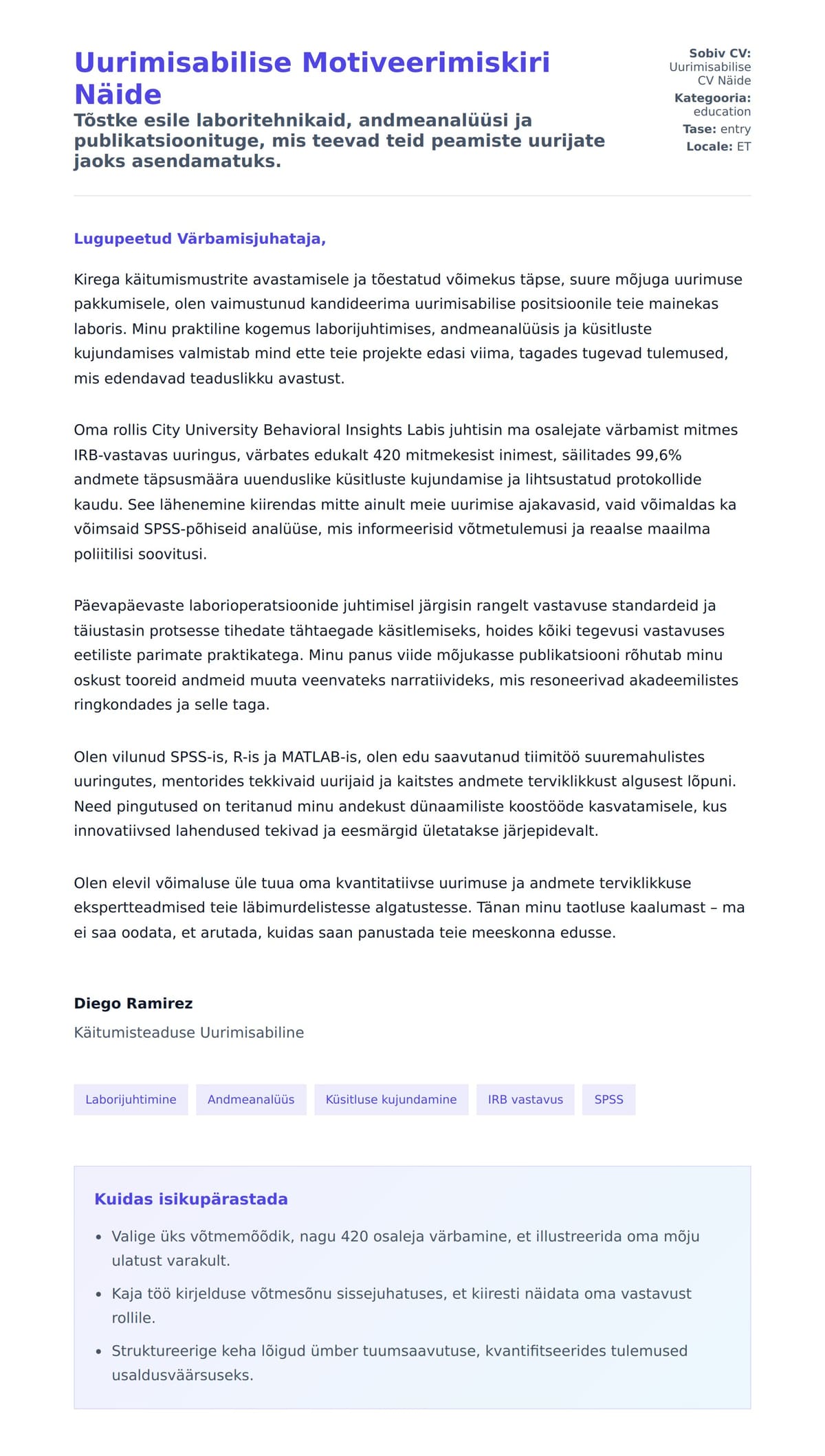 Kaaskirja eelvaade Uurimisabilise Motiveerimiskiri Näide jaoks