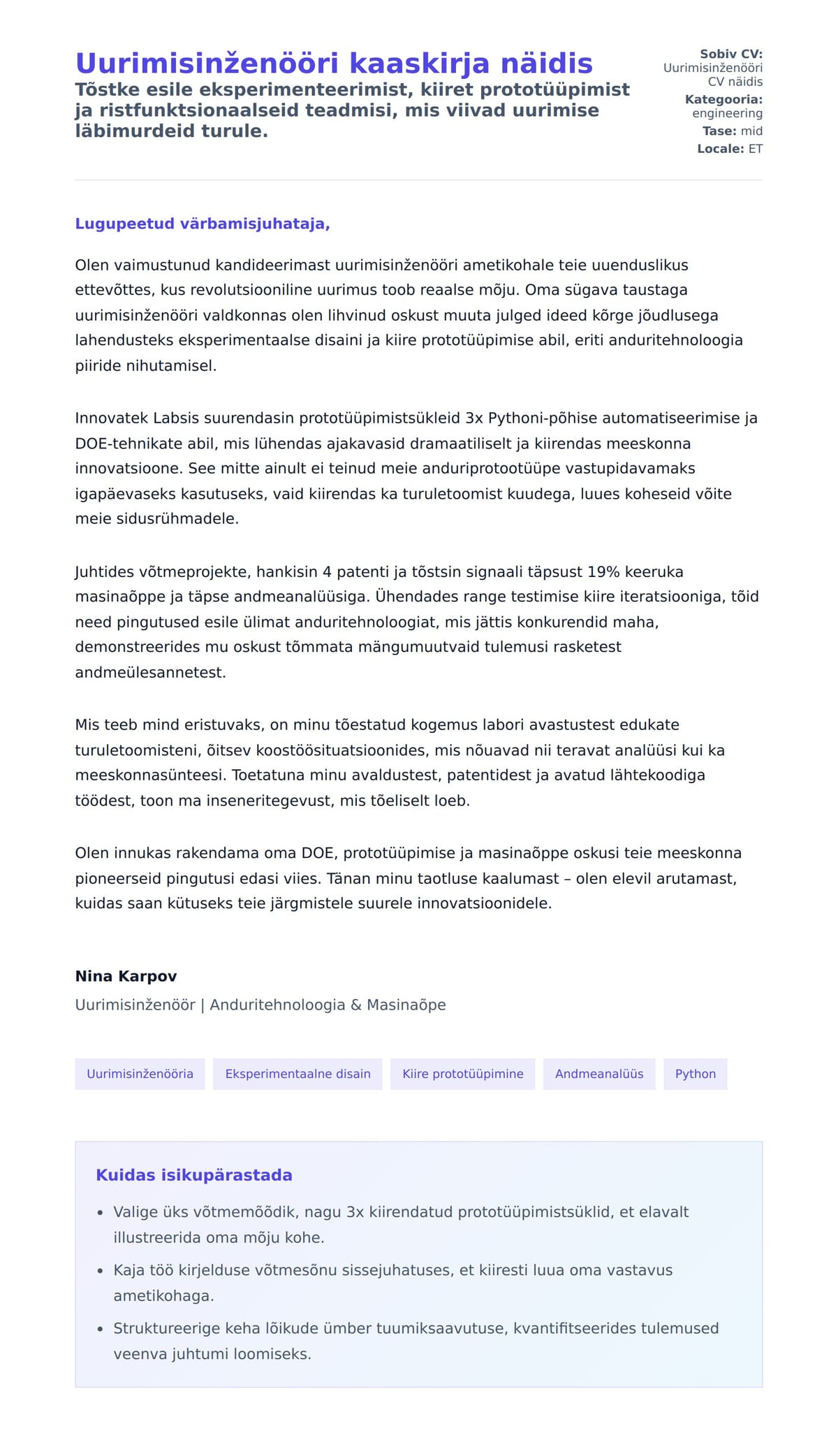 Kaaskirja eelvaade Uurimisinženööri kaaskirja näidis jaoks