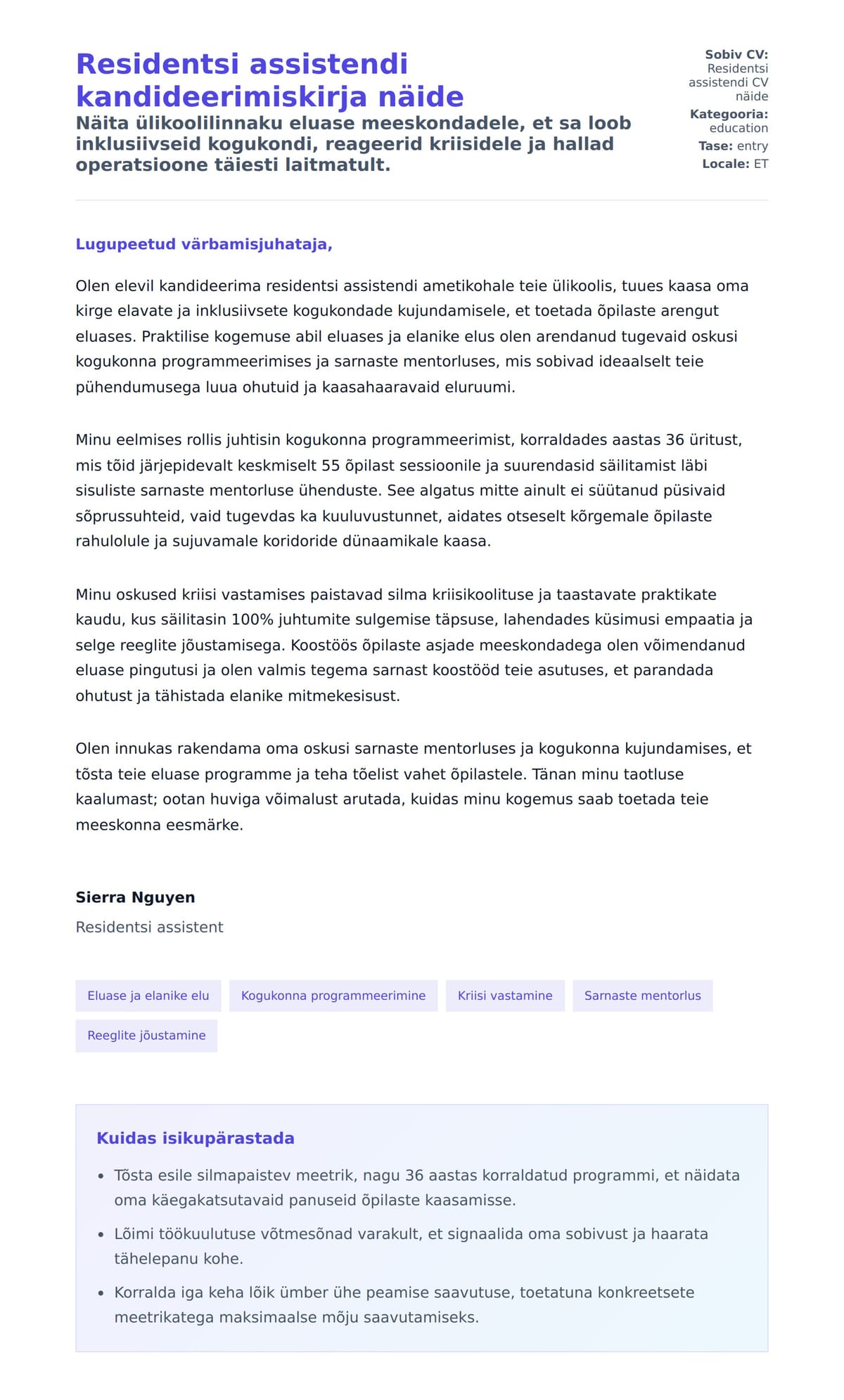 Kaaskirja eelvaade Residentsi assistendi kandideerimiskirja näide jaoks