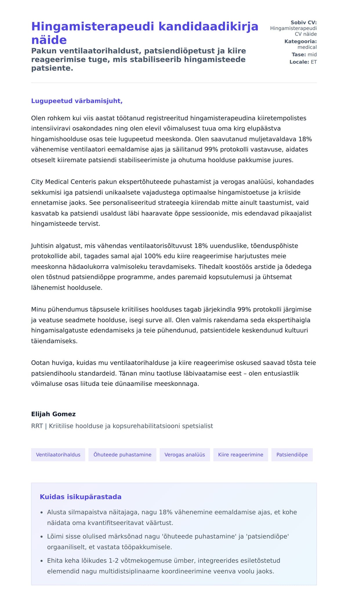 Kaaskirja eelvaade Hingamisterapeudi kandidaadikirja näide jaoks