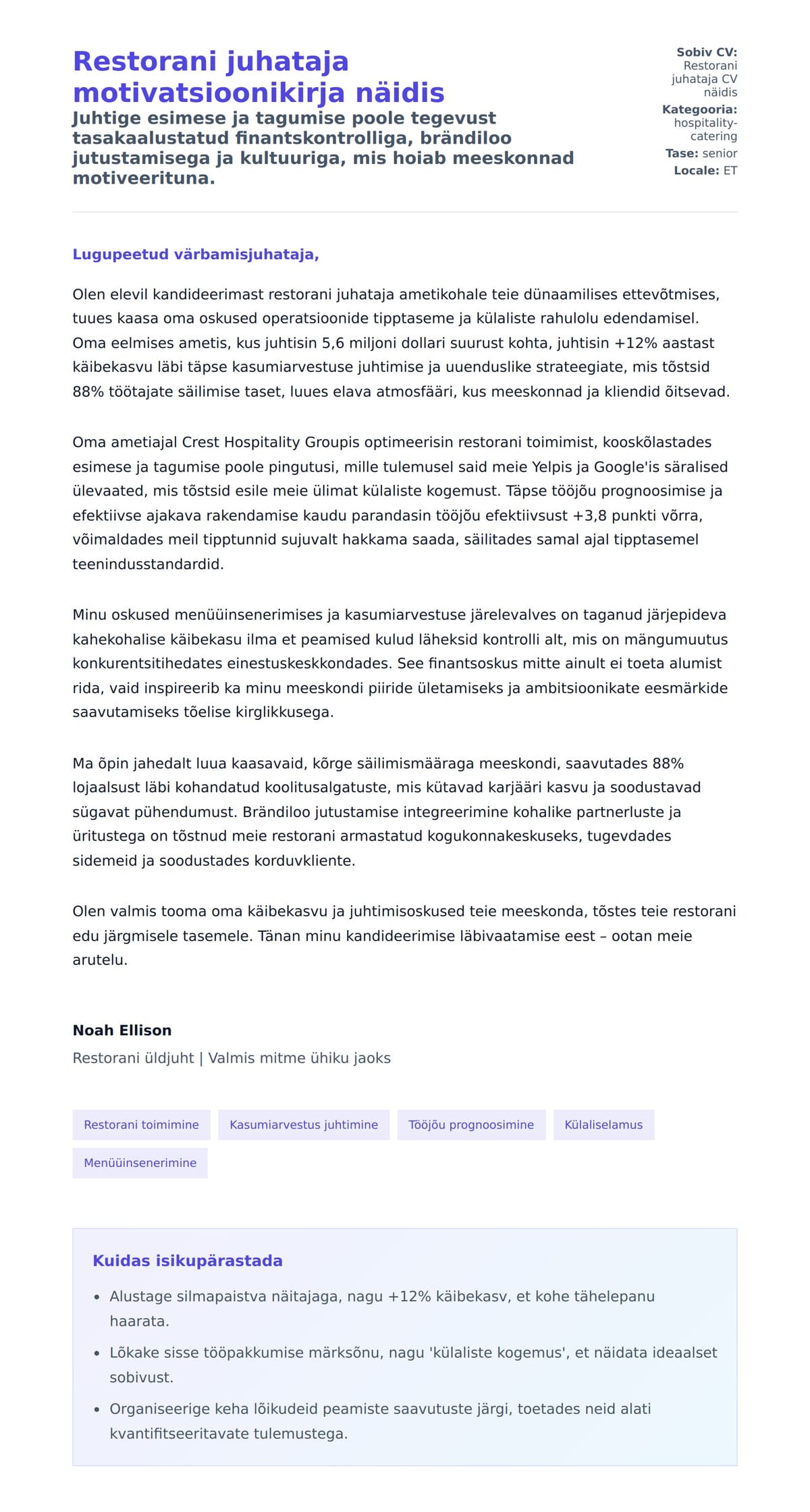 Kaaskirja eelvaade Restorani juhataja motivatsioonikirja näidis jaoks
