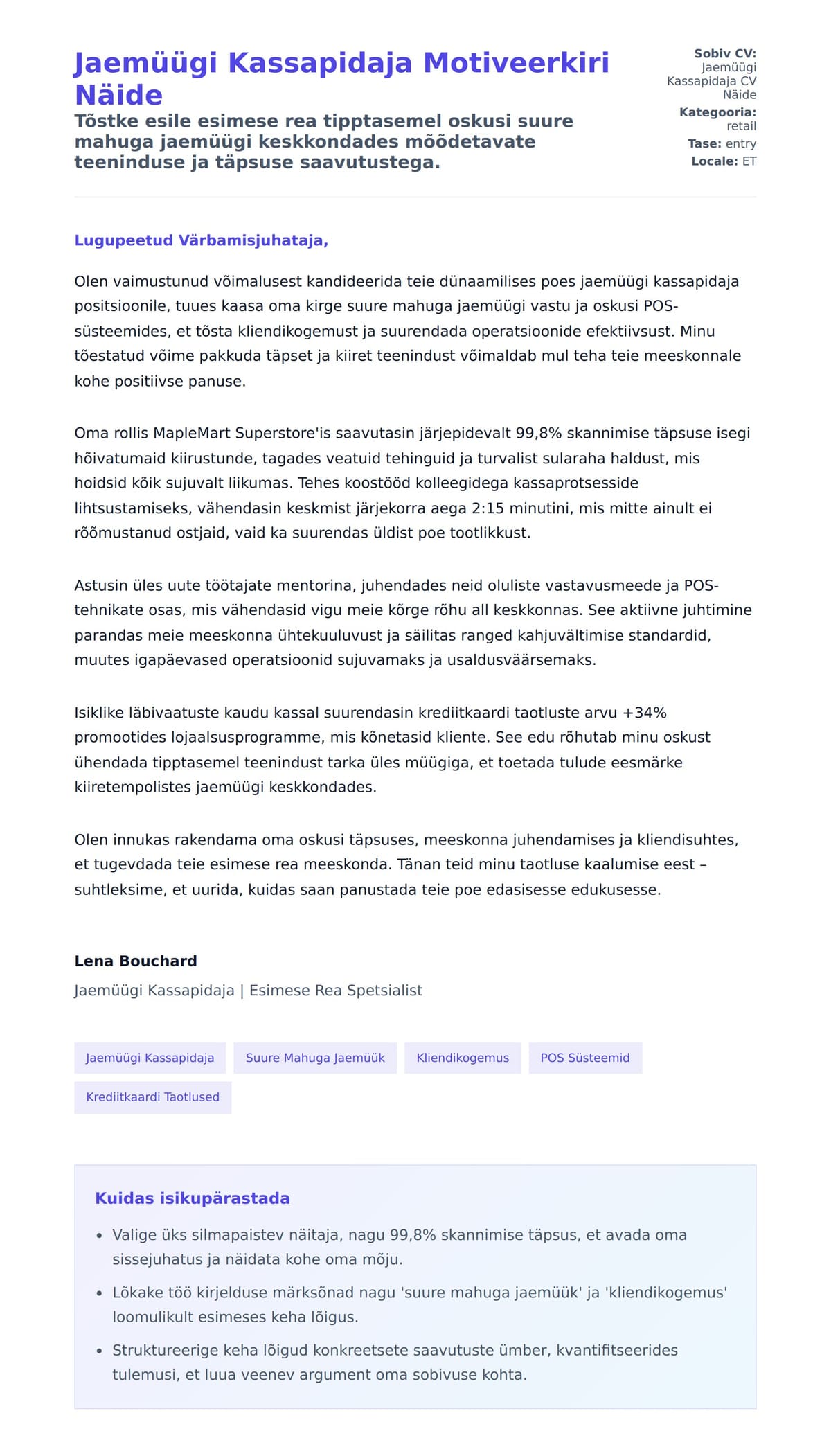Kaaskirja eelvaade Jaemüügi Kassapidaja Motiveerkiri Näide jaoks