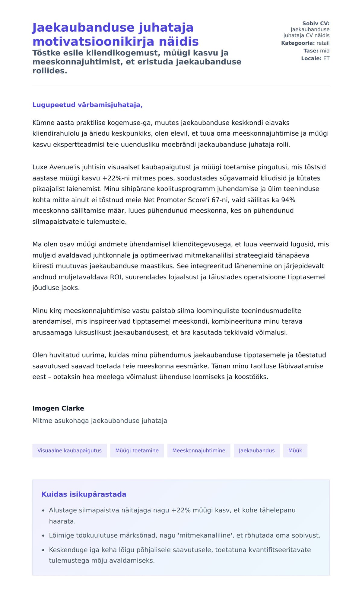 Kaaskirja eelvaade Jaekaubanduse juhataja motivatsioonikirja näidis jaoks