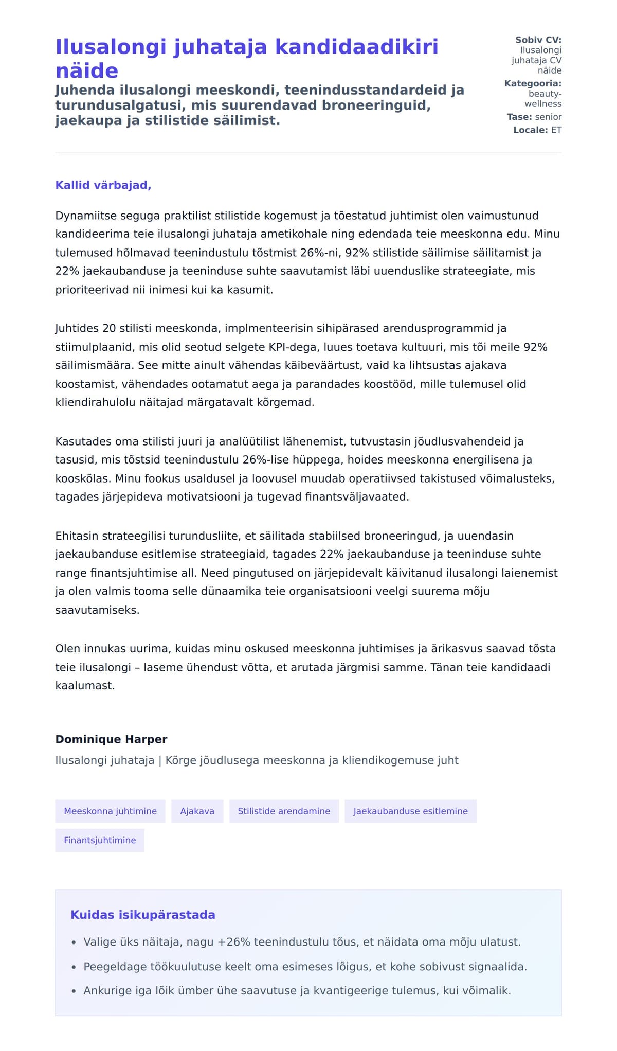 Kaaskirja eelvaade Ilusalongi juhataja kandidaadikiri näide jaoks