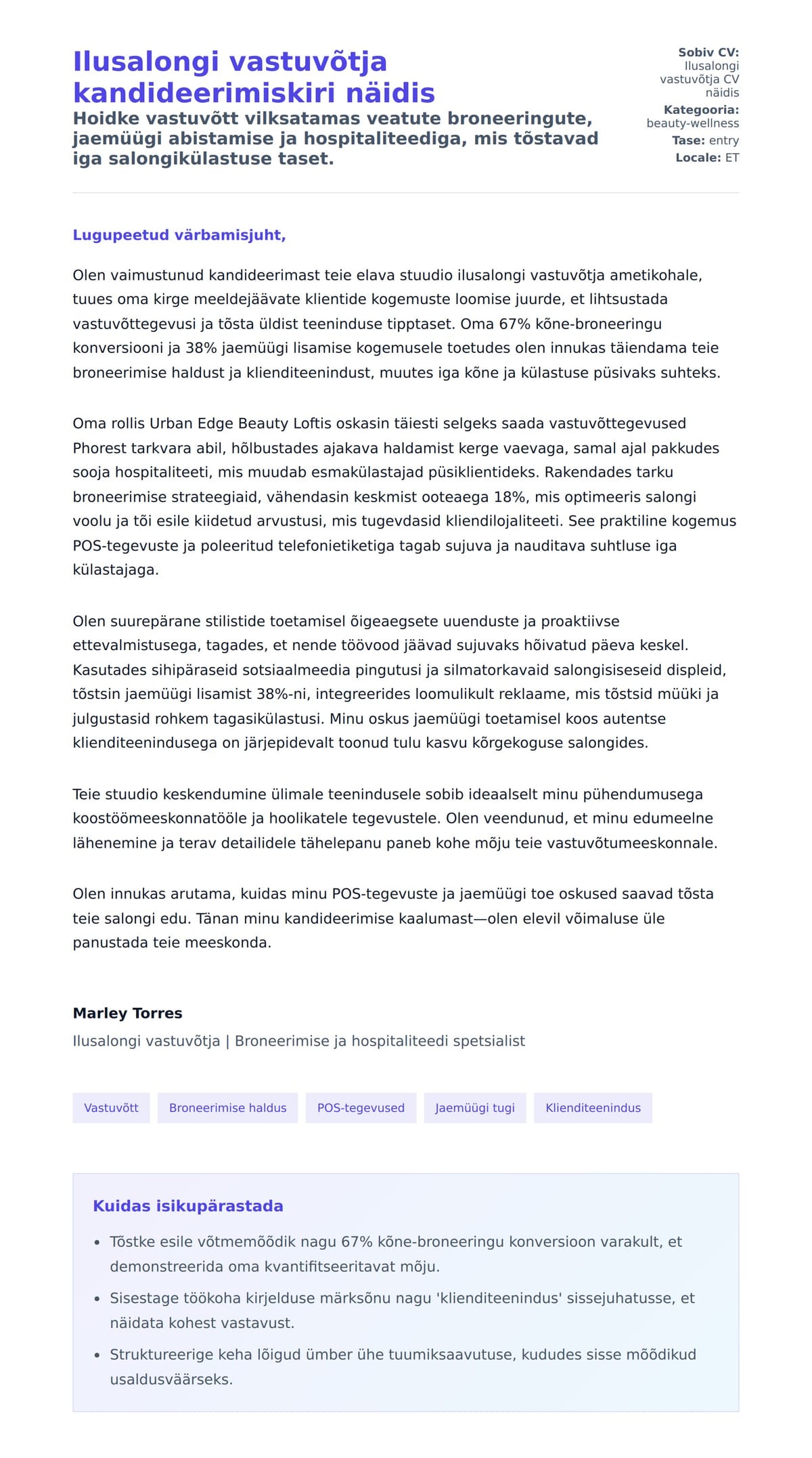 Kaaskirja eelvaade Ilusalongi vastuvõtja kandideerimiskiri näidis jaoks